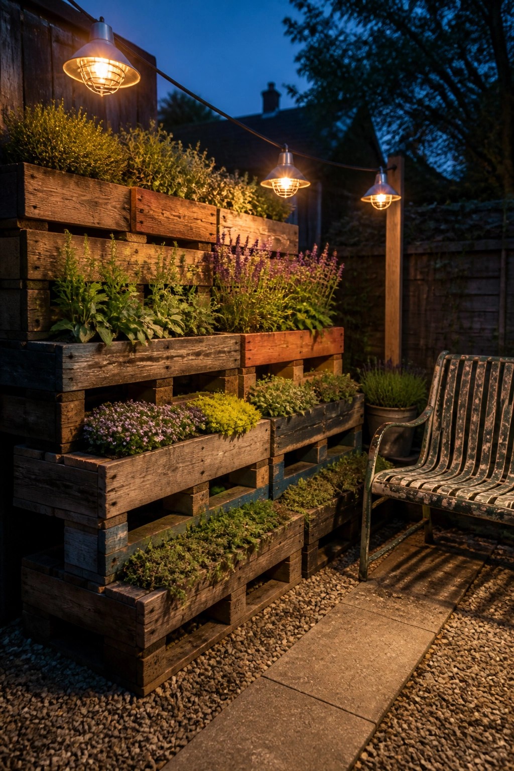 Wooden pallet vertical garden with colorful flowers under glowing lamps beside a bench.