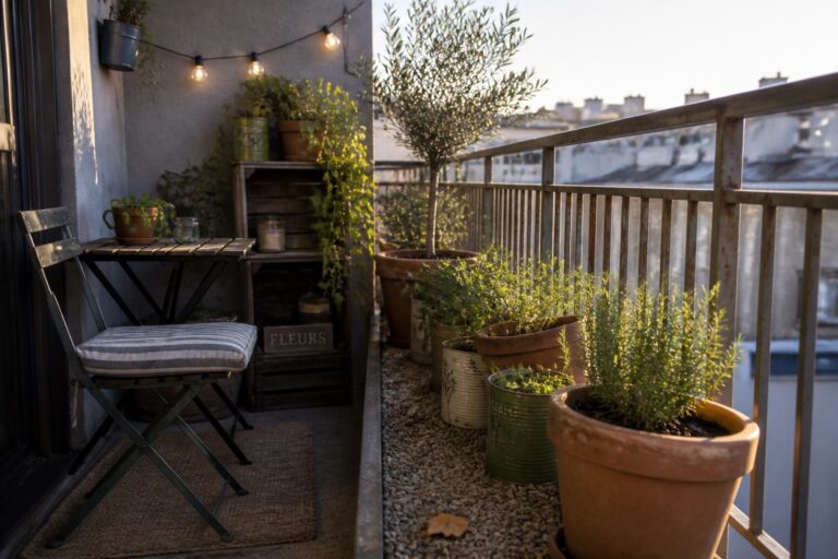 24 Affordable Patio Garden Ideas Using Budget Pots, Gravel, and Simple Plant Layers A narrow balcony shows rows of potted plants in terracotta and metal containers set on gravel beside a small folding table and chair.