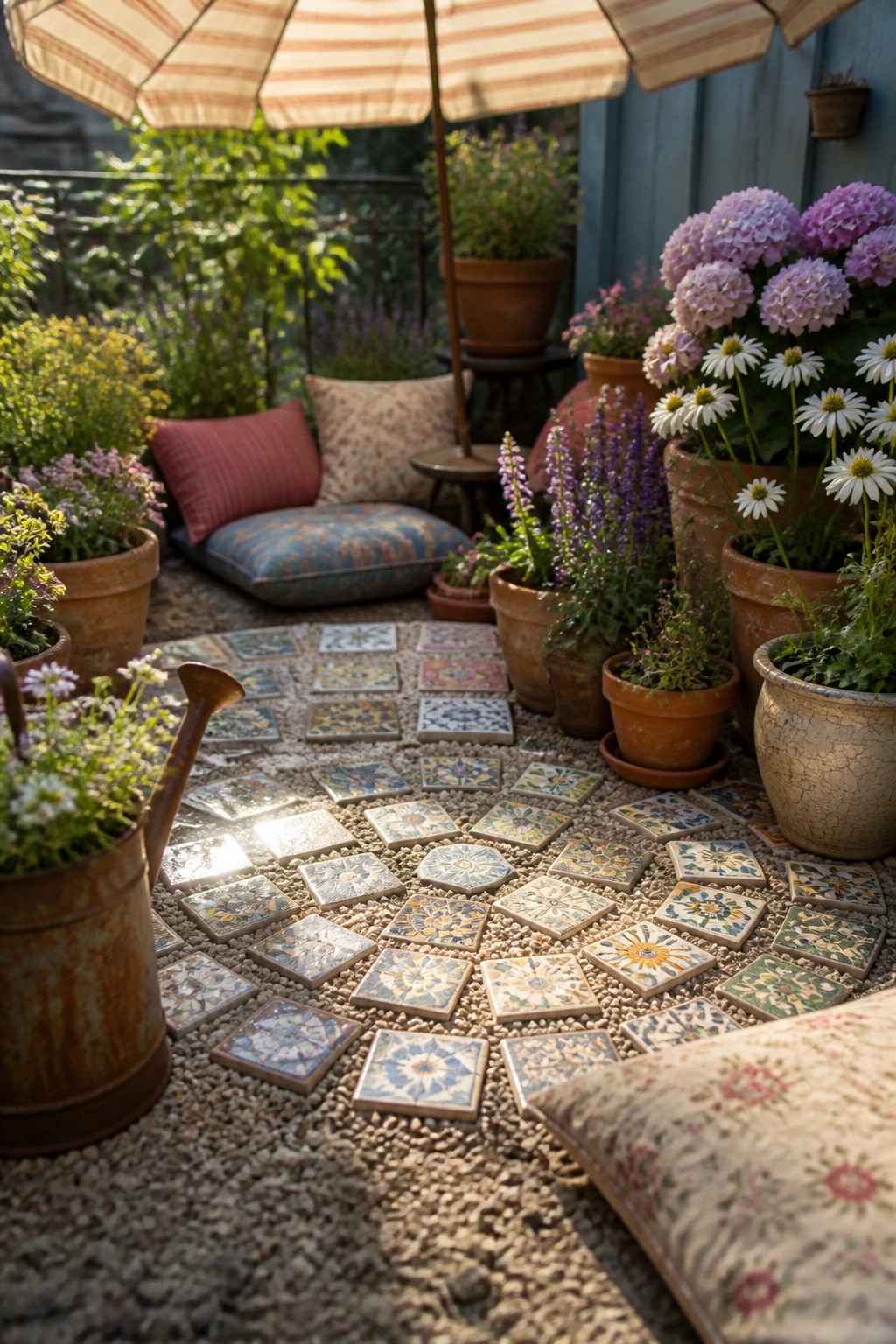 An outdoor patio covered in gravel with colorful ceramic tiles laid in a loose pattern, surrounded by terracotta pots of flowers and cushions under a striped umbrella.