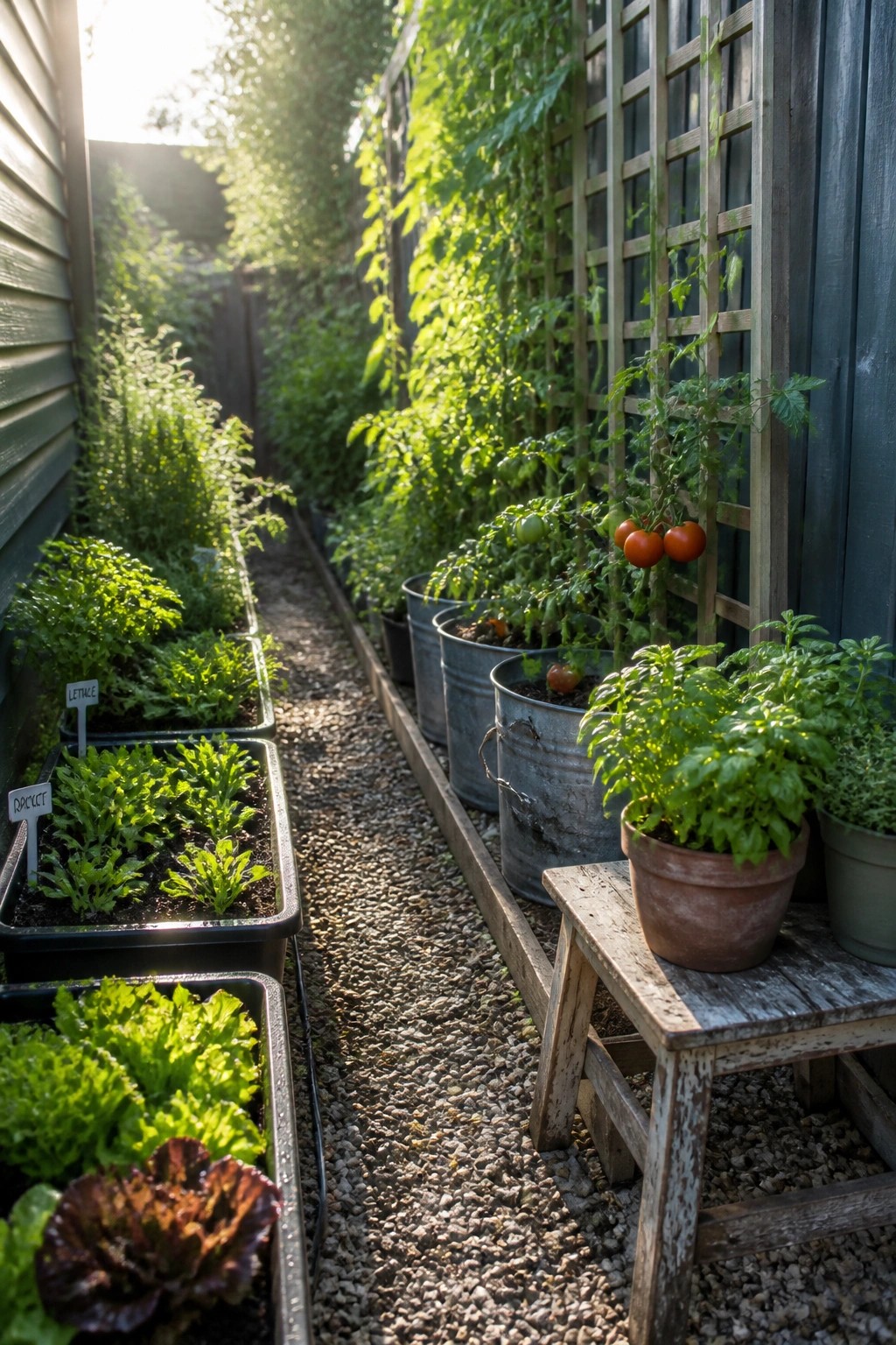 A narrow gravel path lined on both sides with raised beds of lettuce and metal buckets of tomato plants, with a wooden trellis supporting climbing vines against a dark fence.