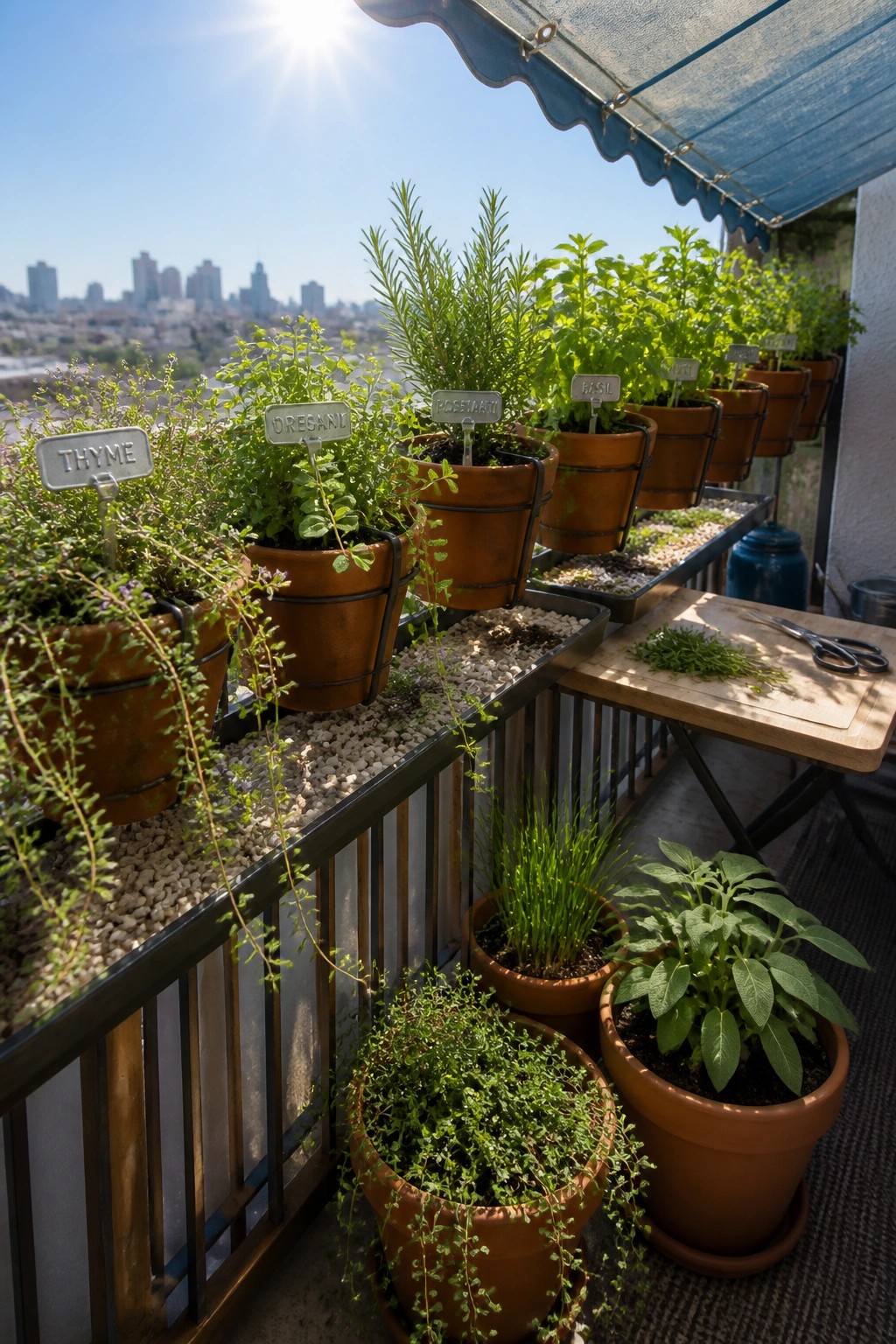 Balcony herb garden with labeled pots of thyme, oregano, rosemary, basil overlooking city skyline