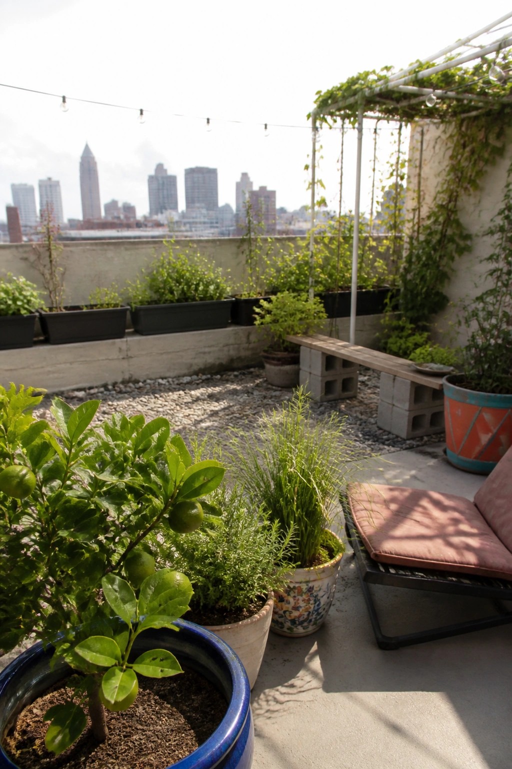 A rooftop patio with assorted potted plants arranged on gravel, a lounge chair with cushions, and a city skyline in the background.