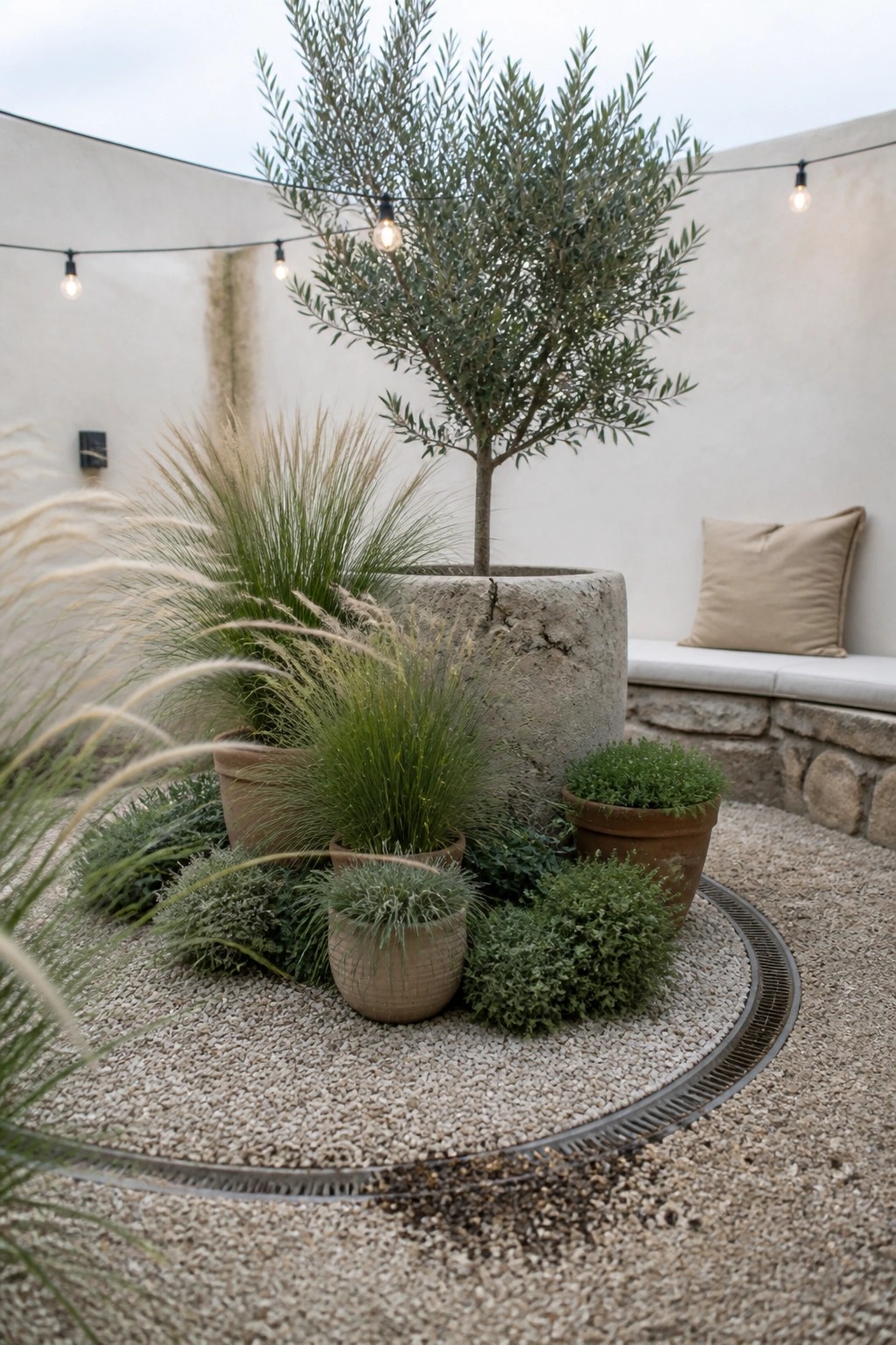 A circular gravel patio area with a large concrete planter holding a small tree, surrounded by smaller terracotta and ceramic pots filled with grasses and shrubs, and a built-in bench with a cushion along one wall.