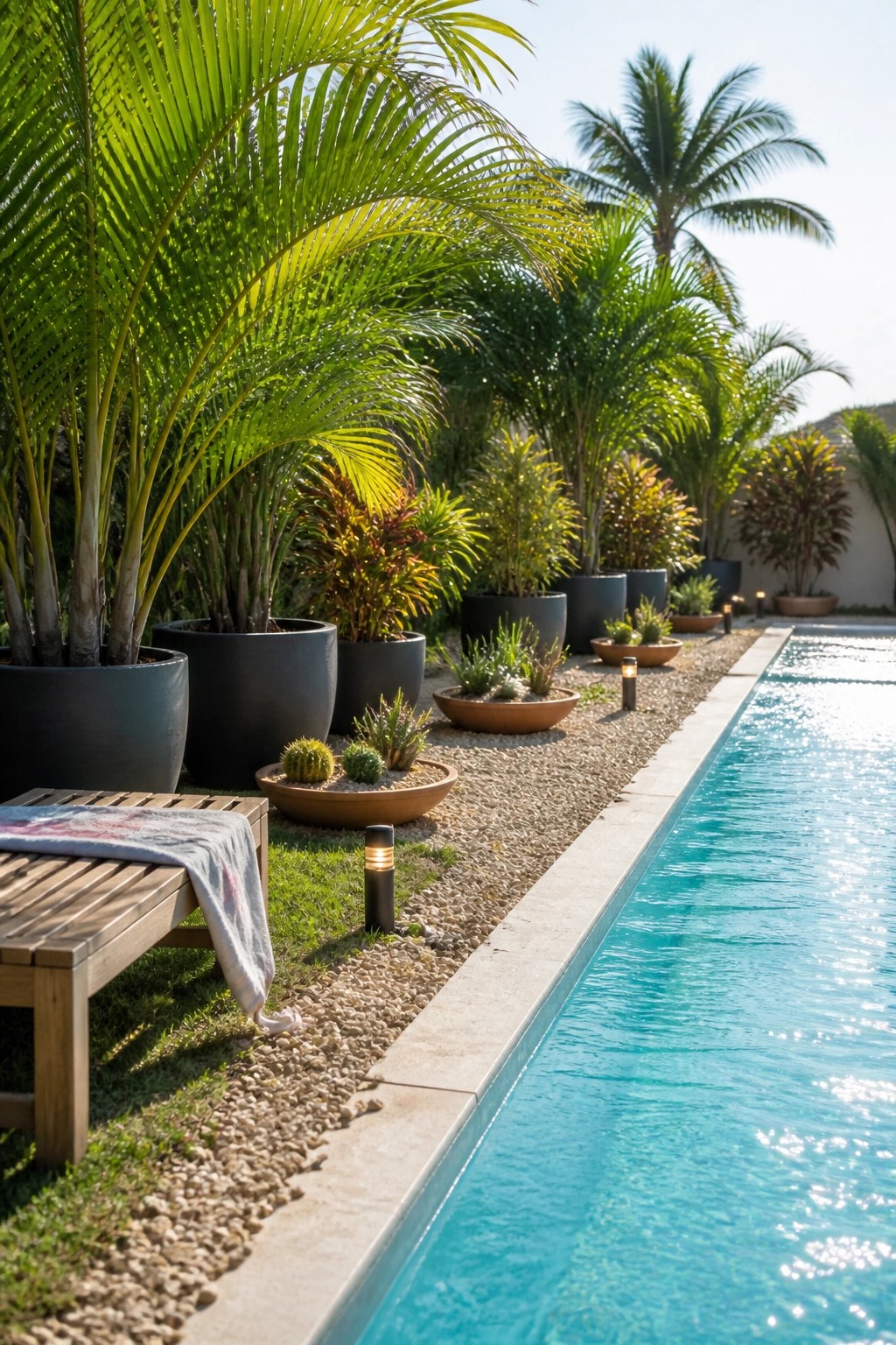 Tropical pool with potted palms, plants, wooden bench, and glowing lights along gravel path
