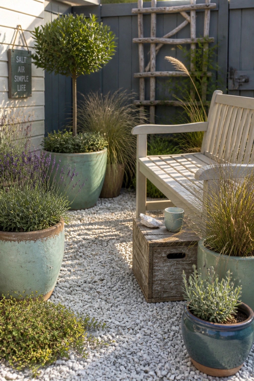 A gravel patio with a wooden bench, several large ceramic pots holding lavender and ornamental grasses, and a wooden crate holding a mug.