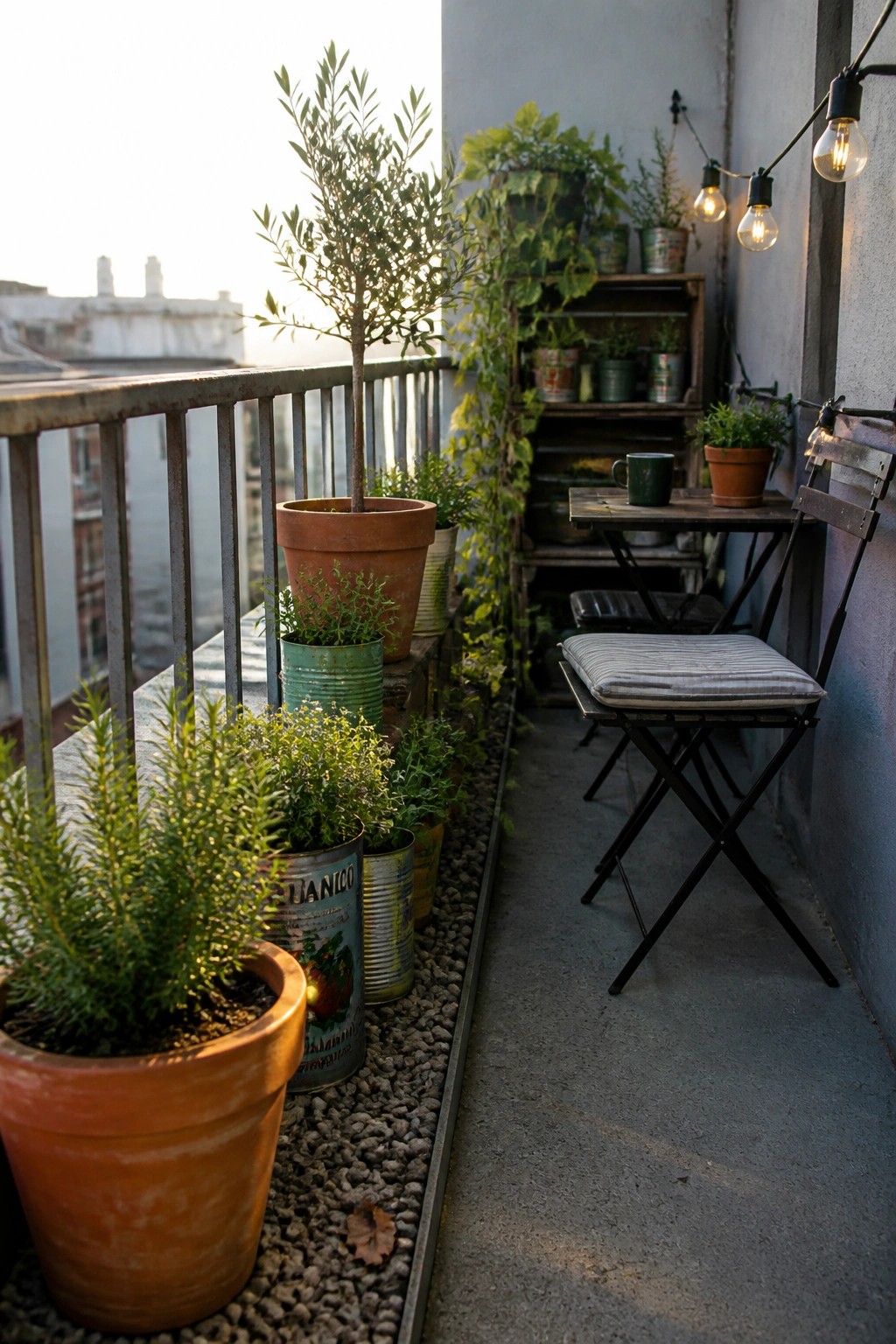 A narrow balcony shows rows of potted plants in terracotta and metal containers set on gravel beside a small folding table and chair.