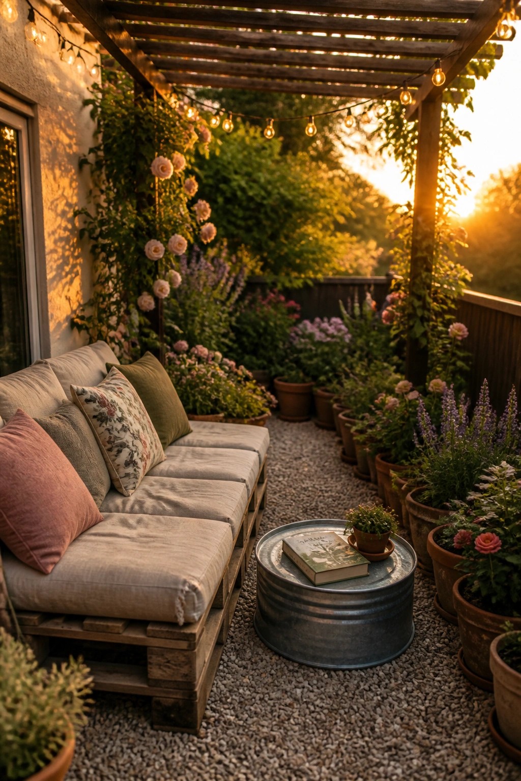 A gravel patio with a wooden pallet sofa, metal tub table, string lights on a pergola, and rows of potted plants along the sides.