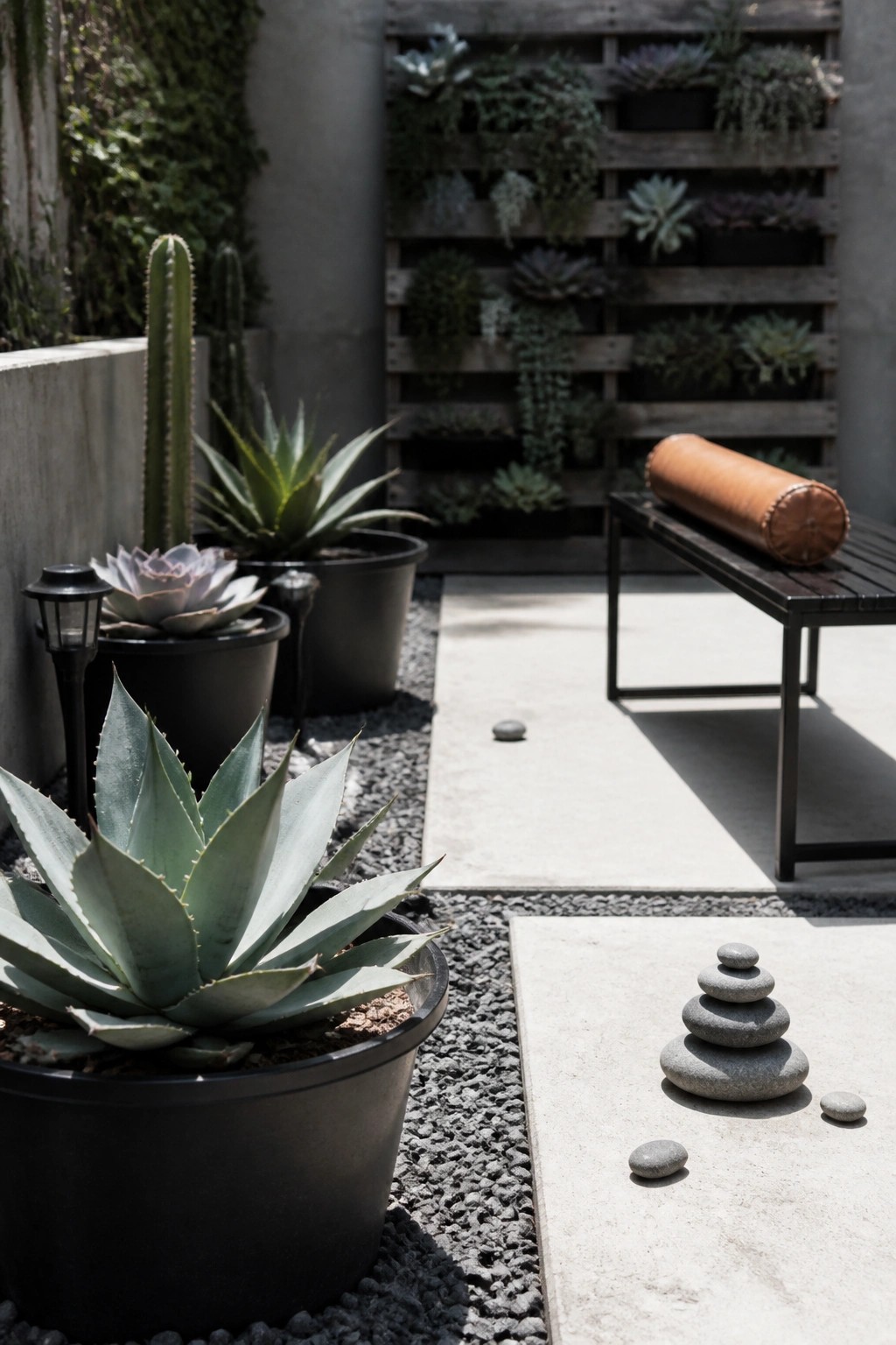 A patio area with black pots of succulents and cacti on gravel next to a concrete path and a dark bench.