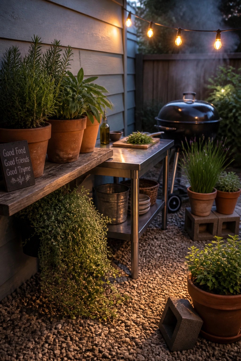 An outdoor patio scene shows terracotta pots of various plants arranged on a wooden shelf and gravel ground, with a stainless table, black grill, and string lights in the background.