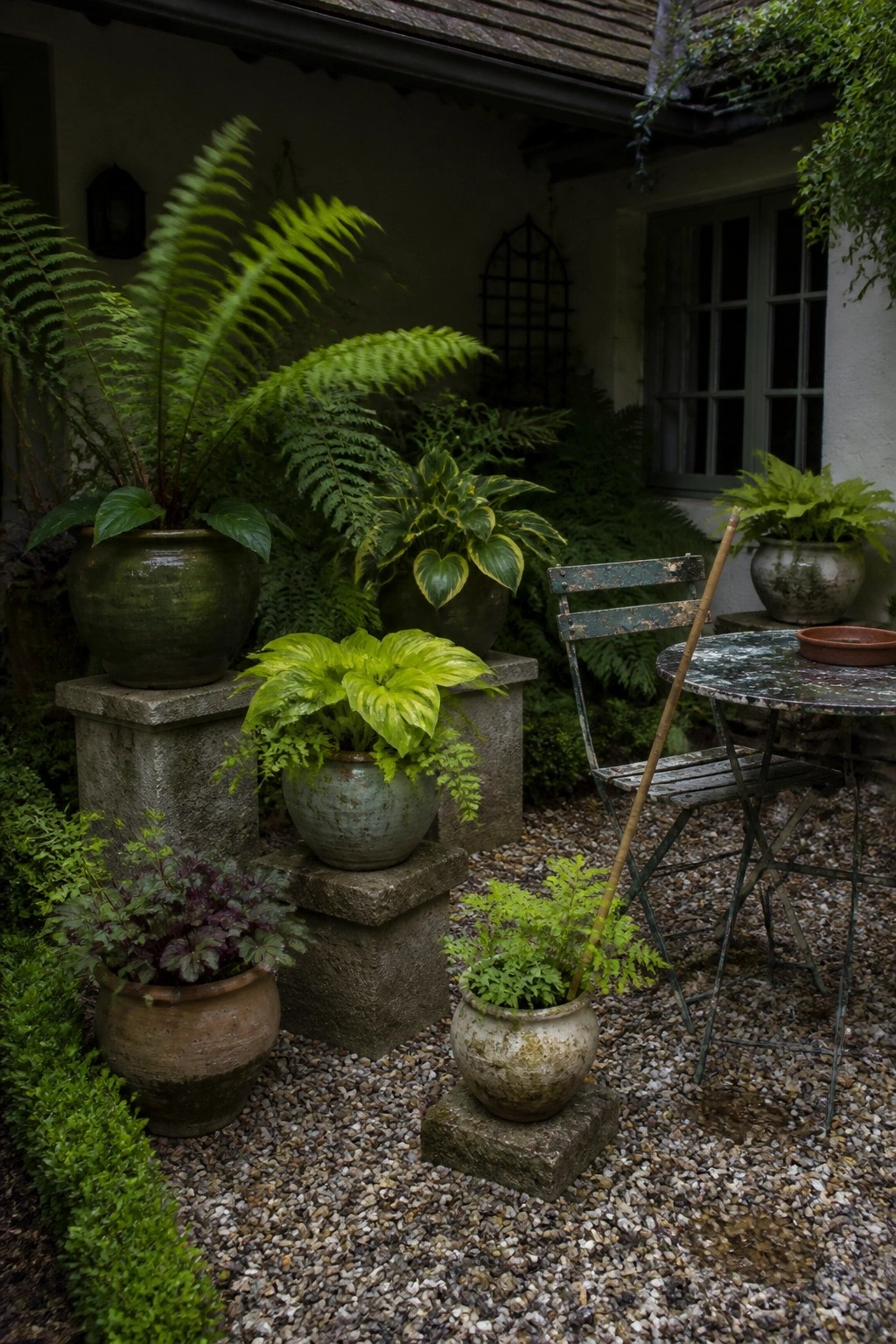 Potted ferns and hostas on stone pedestals beside rustic metal table and chair