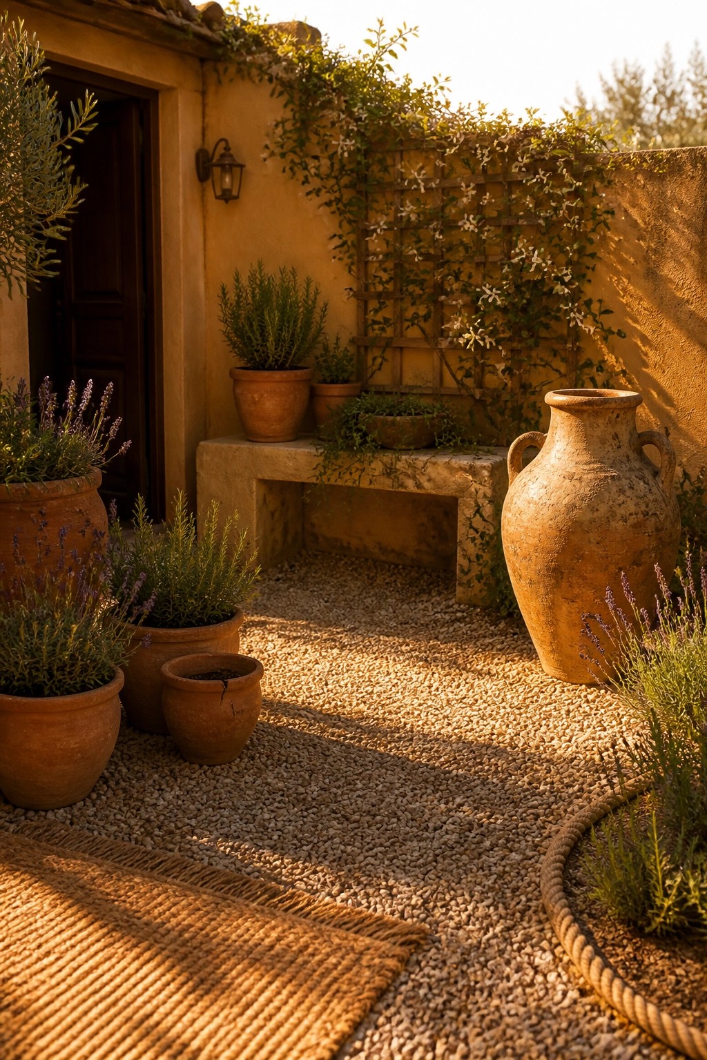 A gravel-covered patio area with multiple terracotta pots of varying sizes holding lavender and shrubs, a large clay urn, a stone bench, and climbing vines on a trellis against a stucco wall.