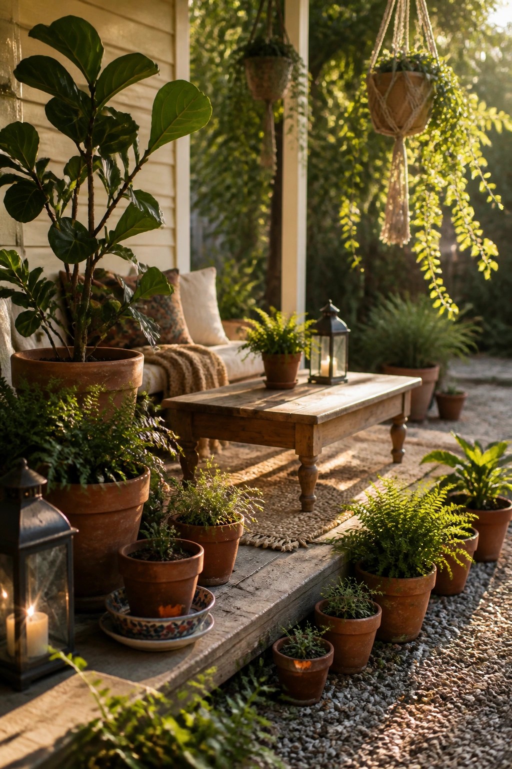 A wooden porch lined with multiple terracotta pots of varying sizes holding ferns and leafy plants, a low table with a lantern, hanging plants, and gravel on the ground.