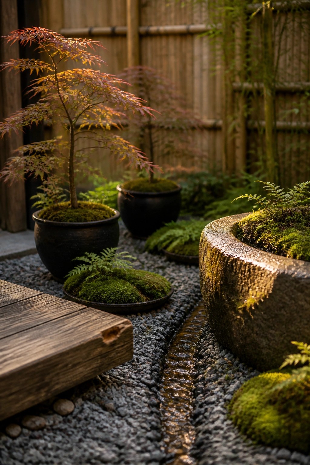 Japanese garden with mossy pots, red maples, gravel path, and flowing water