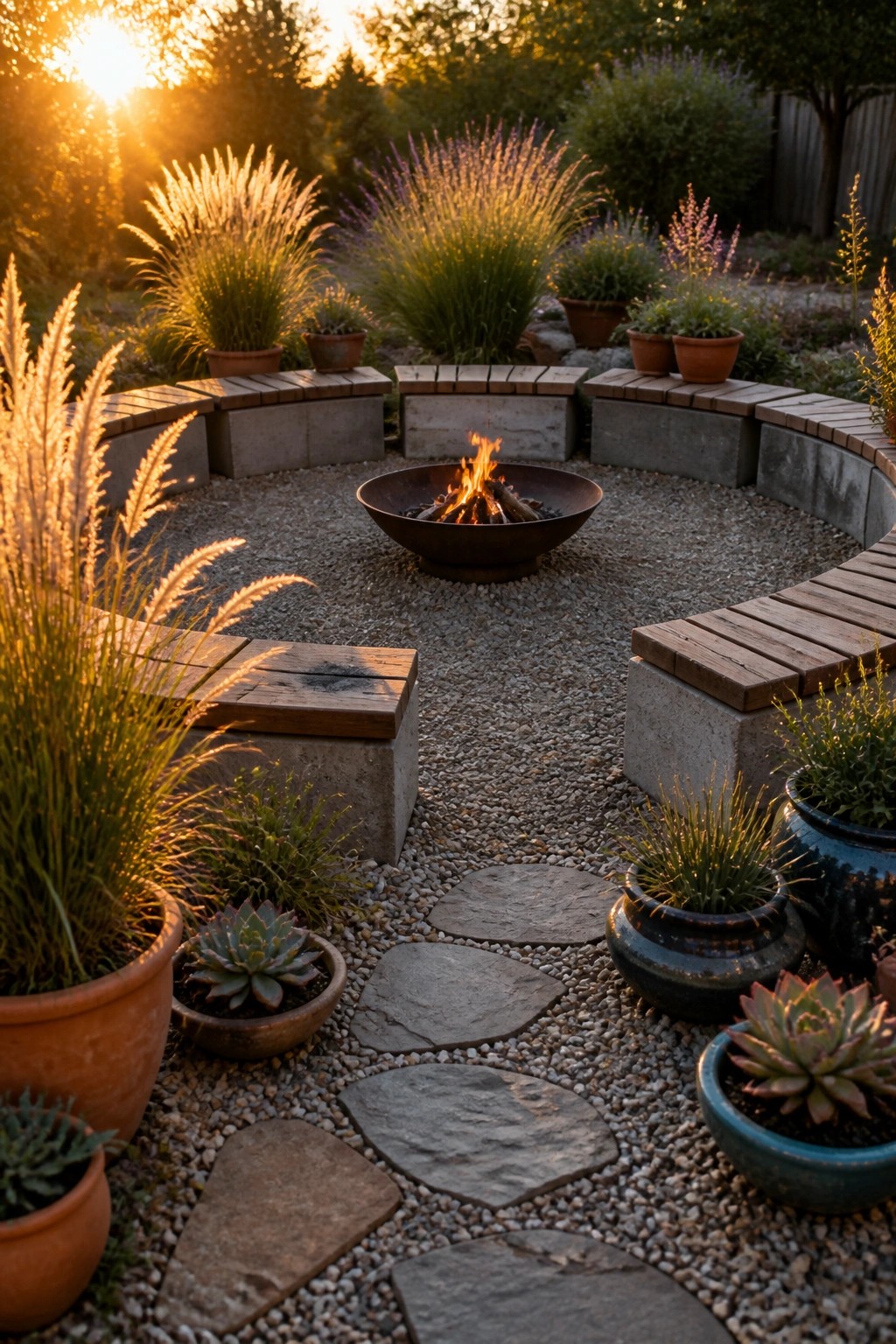A gravel patio with a central fire pit surrounded by curved benches made from concrete blocks and wood planks, accented by numerous potted plants.