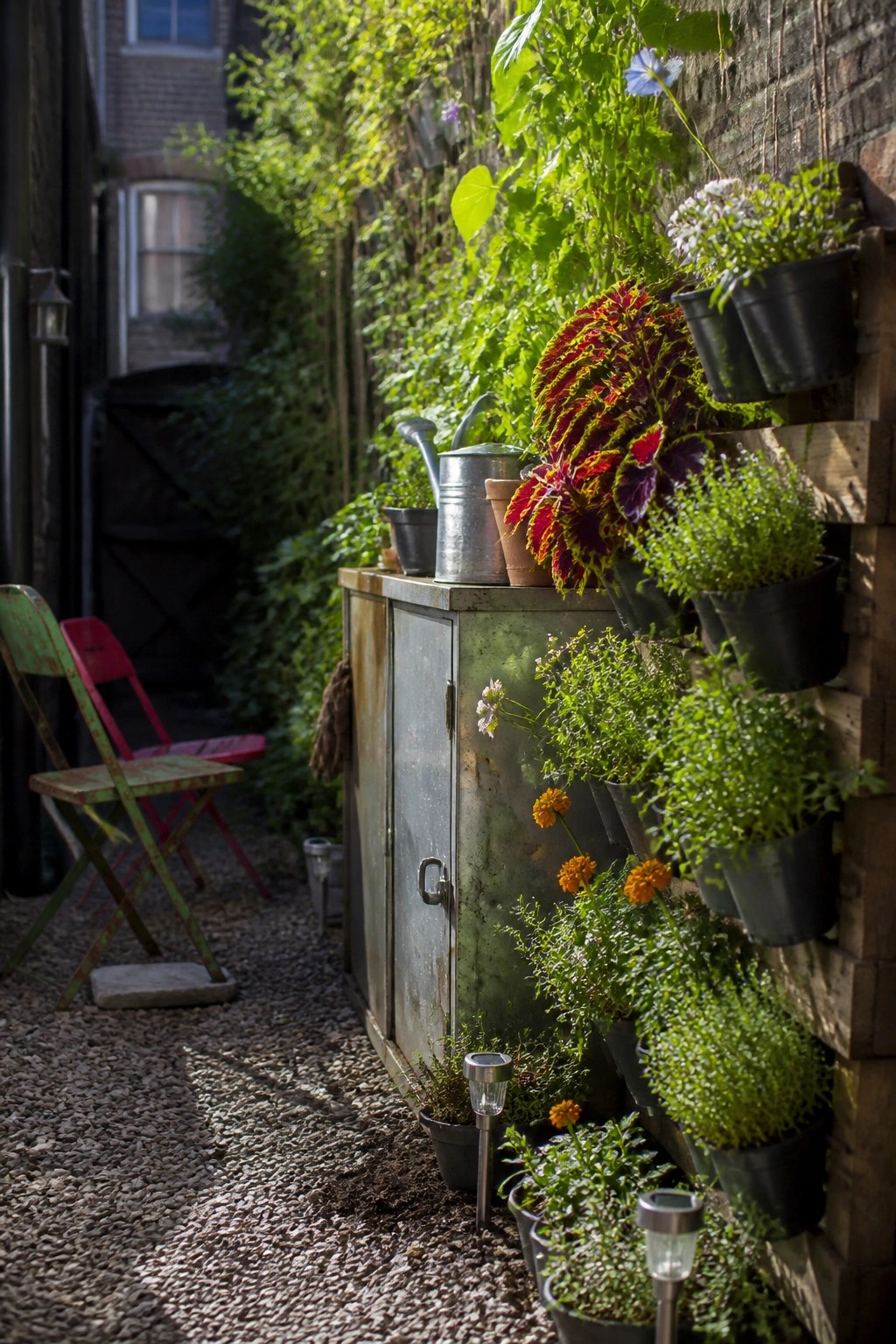 A gravel path runs beside a brick wall fitted with wooden boards holding multiple black pots of layered green and colorful plants, next to a metal cabinet and folding chairs.