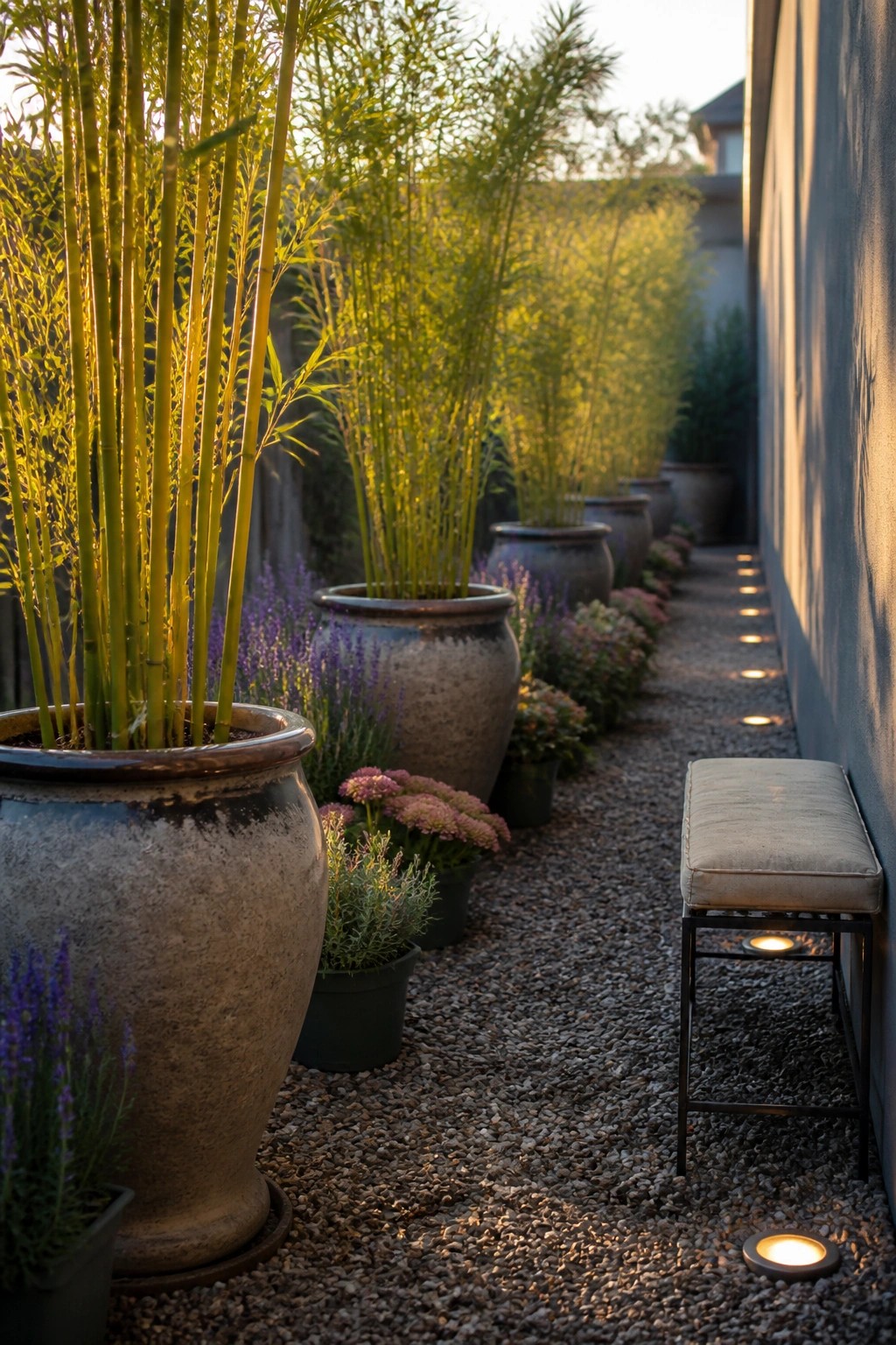 A narrow gravel garden path lined with large ceramic pots holding tall bamboo and smaller flowering plants, with small ground lights along the edge.