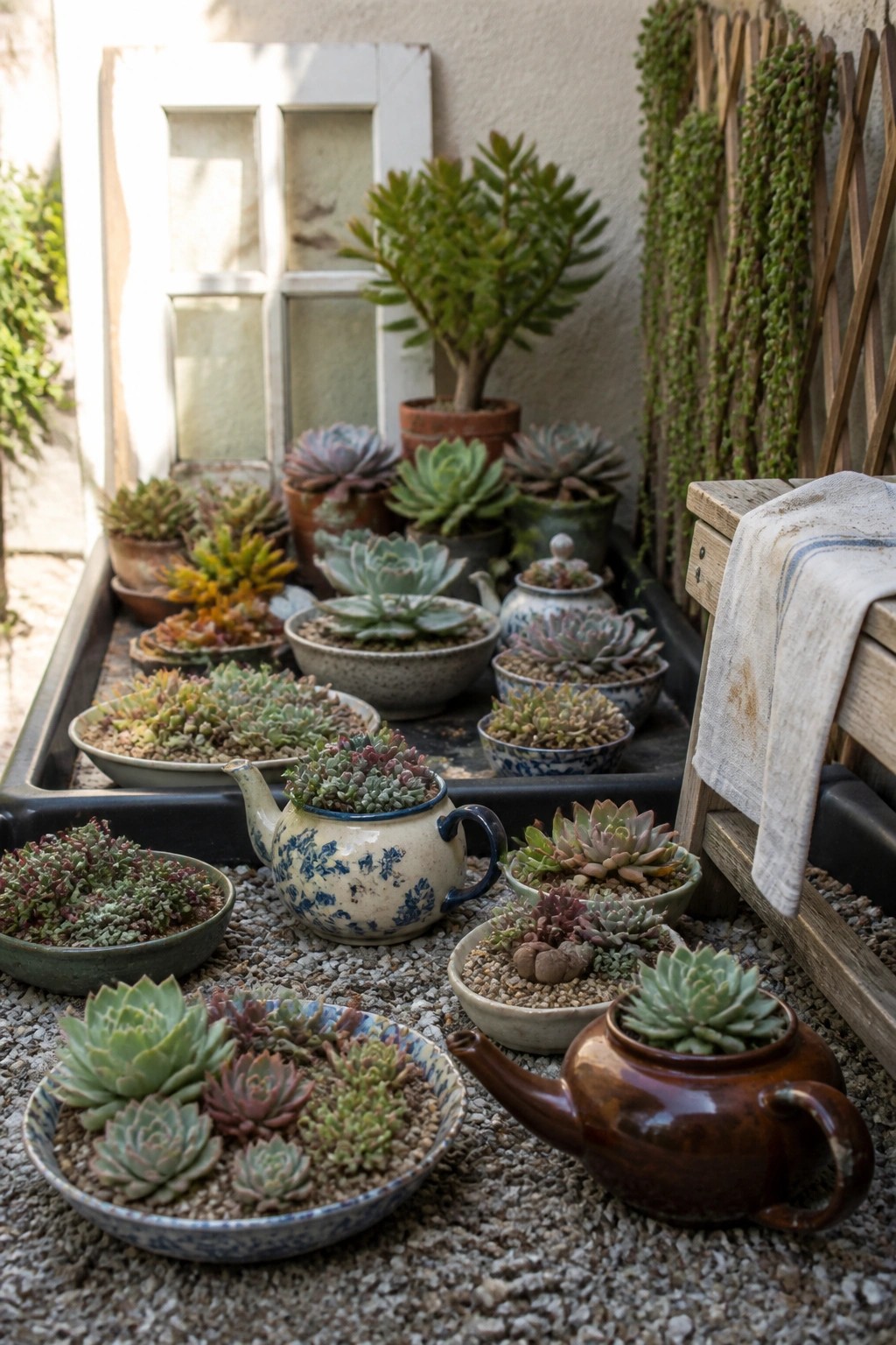 Succulents planted in assorted repurposed containers including teapots and bowls, arranged on gravel with a wooden bench nearby.