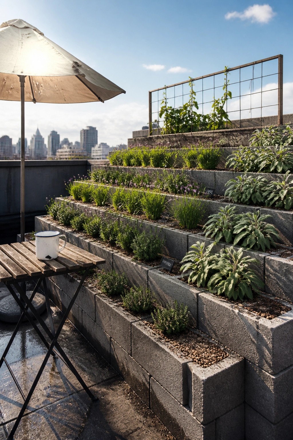 Tiered concrete planters with herbs on sunny rooftop beside table and umbrella.