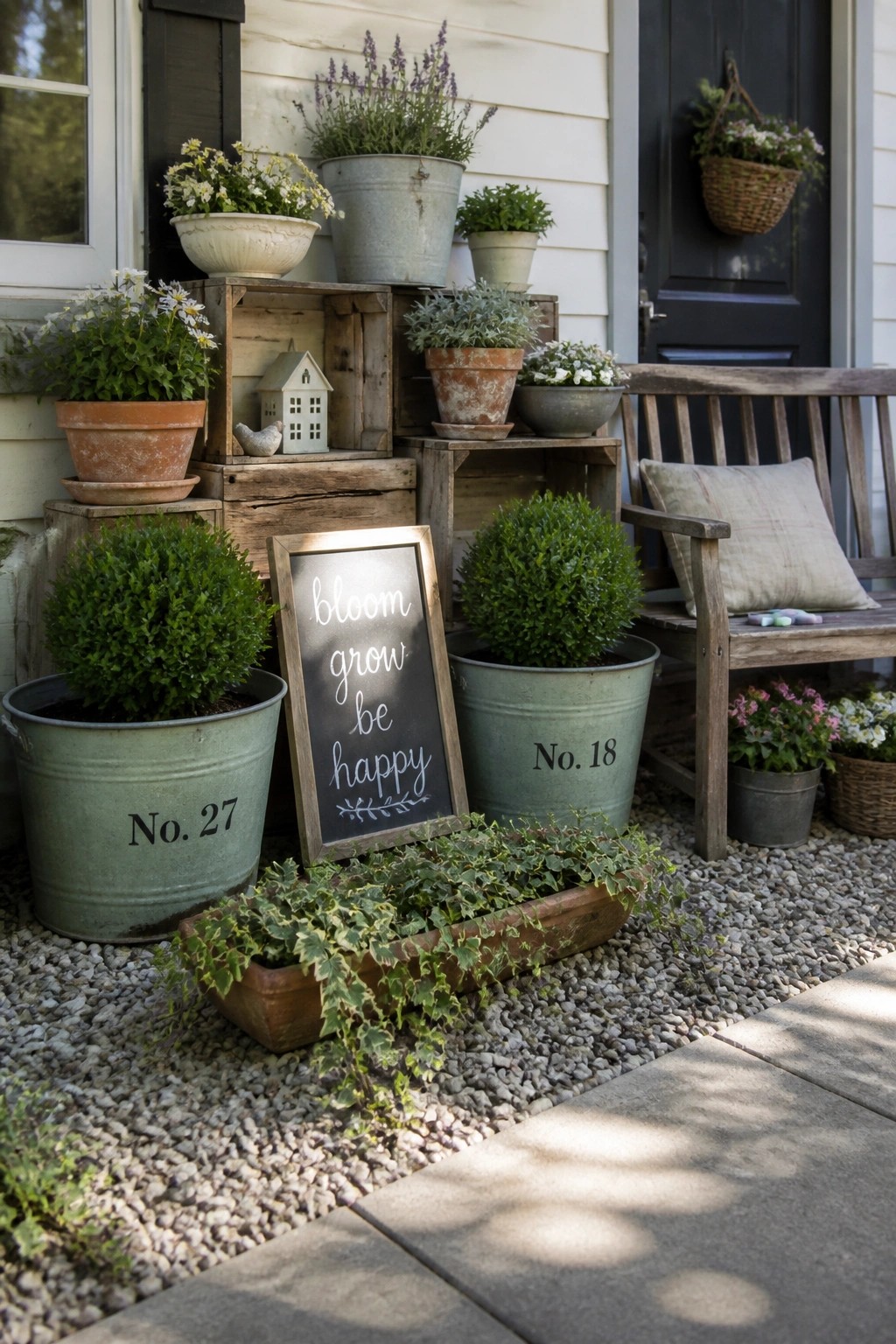 A front porch area featuring multiple potted plants in metal buckets and terracotta containers arranged on gravel next to a wooden bench and a chalkboard sign.