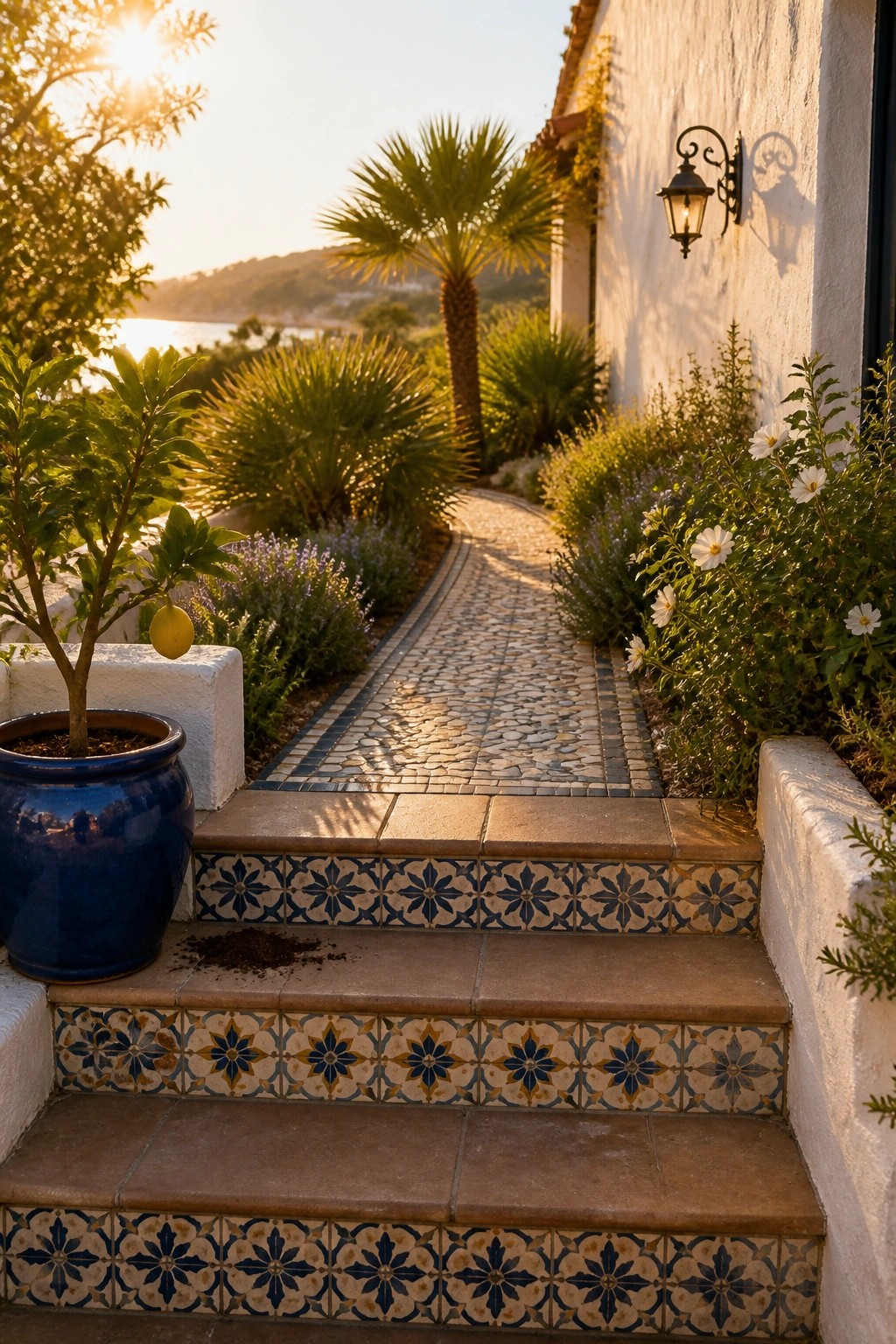 A stone pathway bordered by patterned tiles ascends steps past a blue ceramic pot and flowering shrubs toward a white stucco wall.