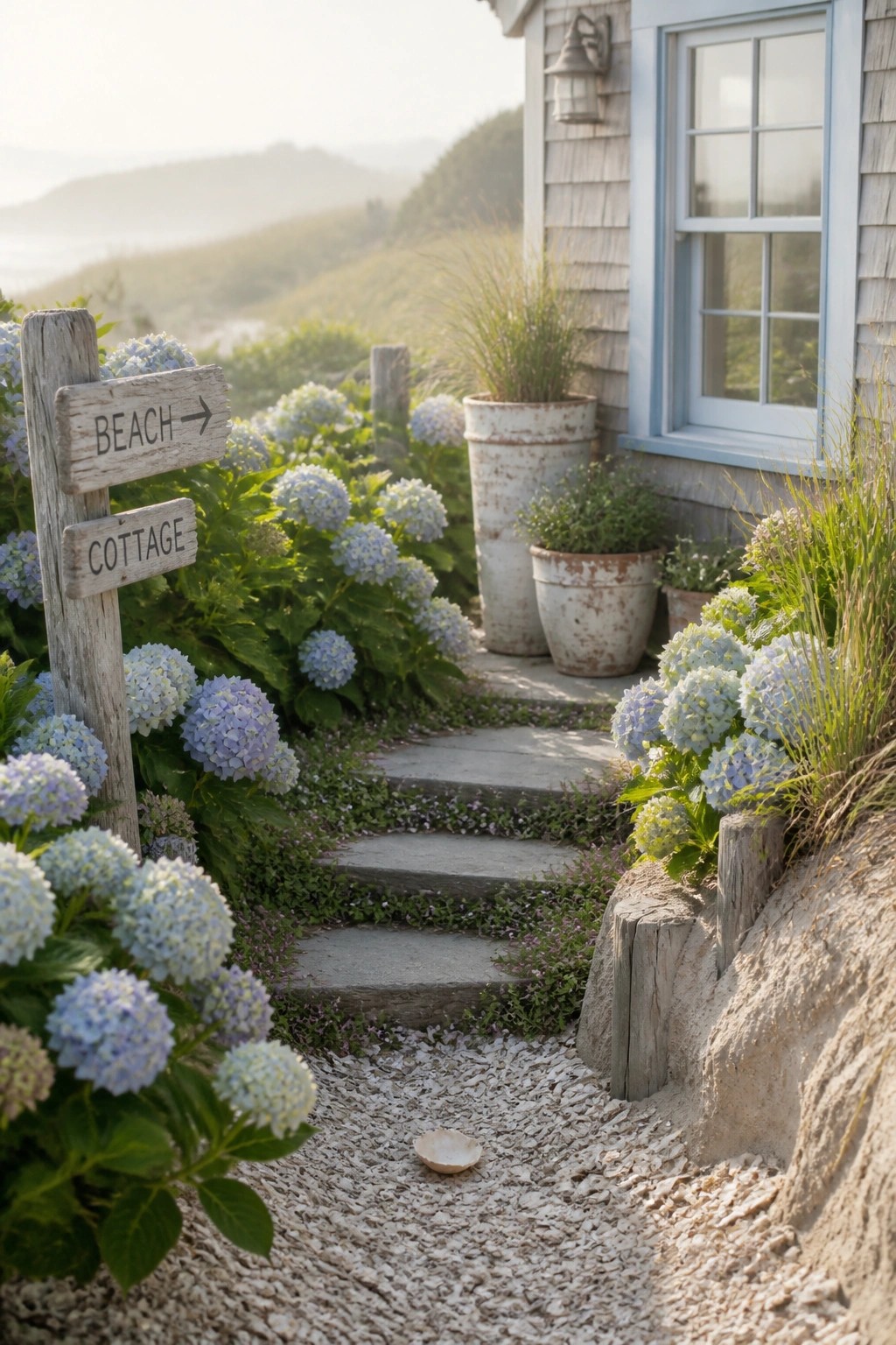A gravel path with stone steps leads to a cottage, bordered by blue hydrangeas and a wooden signpost labeled beach and cottage.
