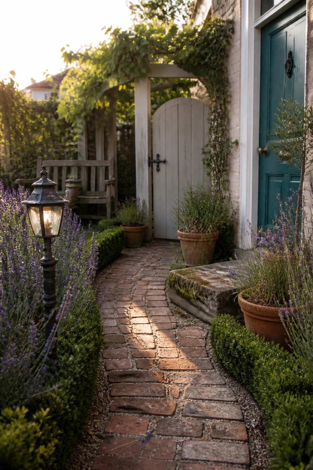 A brick pathway bordered by lavender and other plants leads past potted greenery to a white gate and teal door on a house exterior.