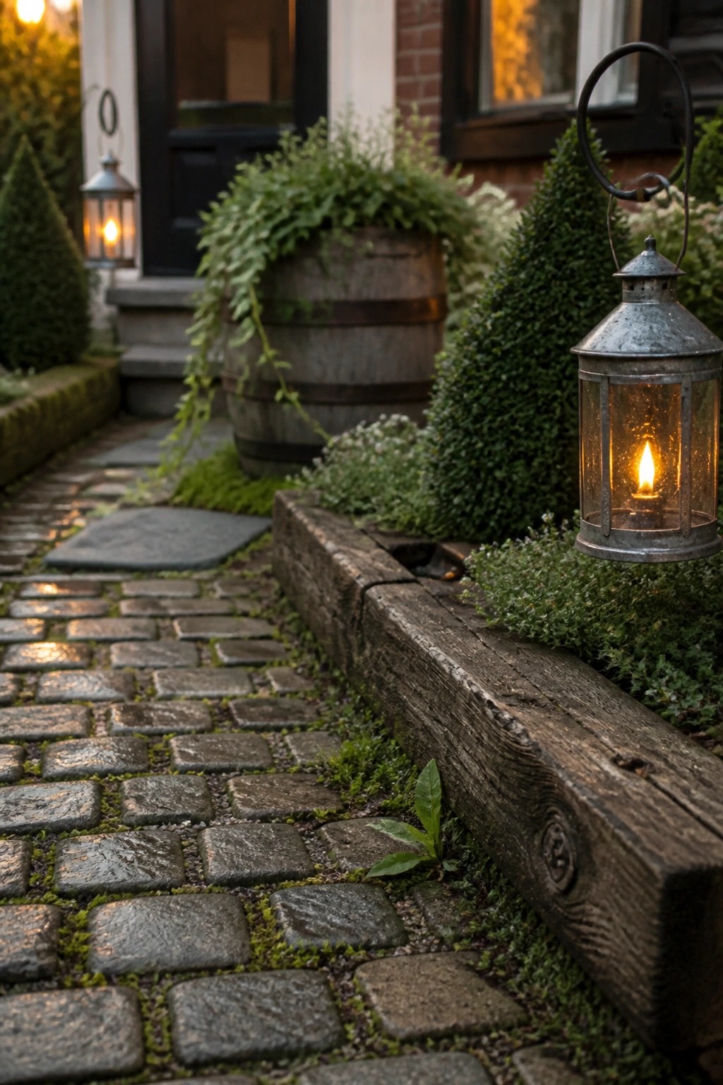 A cobblestone path with wooden edging runs past a barrel planter and lit lanterns toward a house entrance.