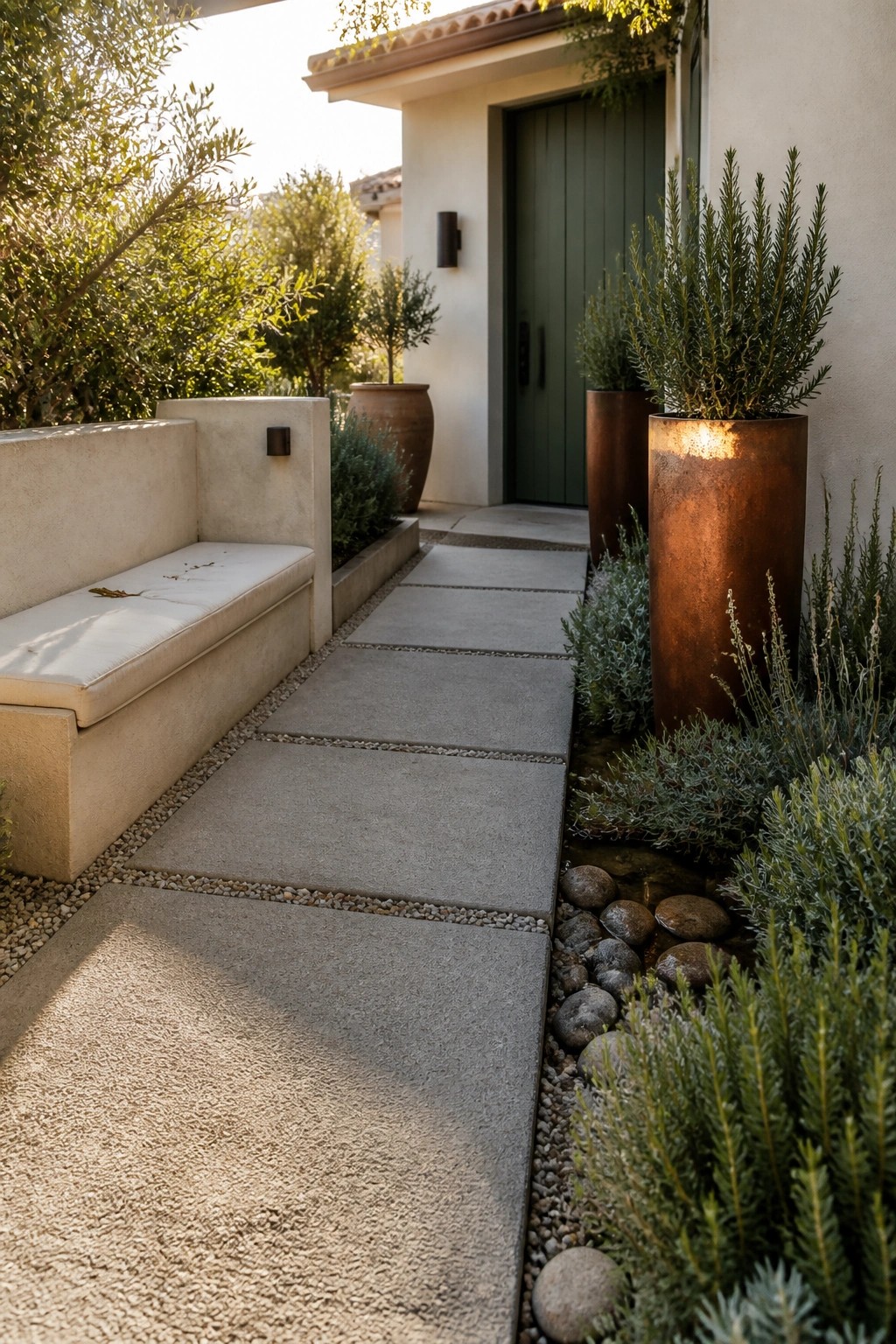A concrete paver walkway with gravel borders runs past a built-in bench and tall planters toward a green front door.