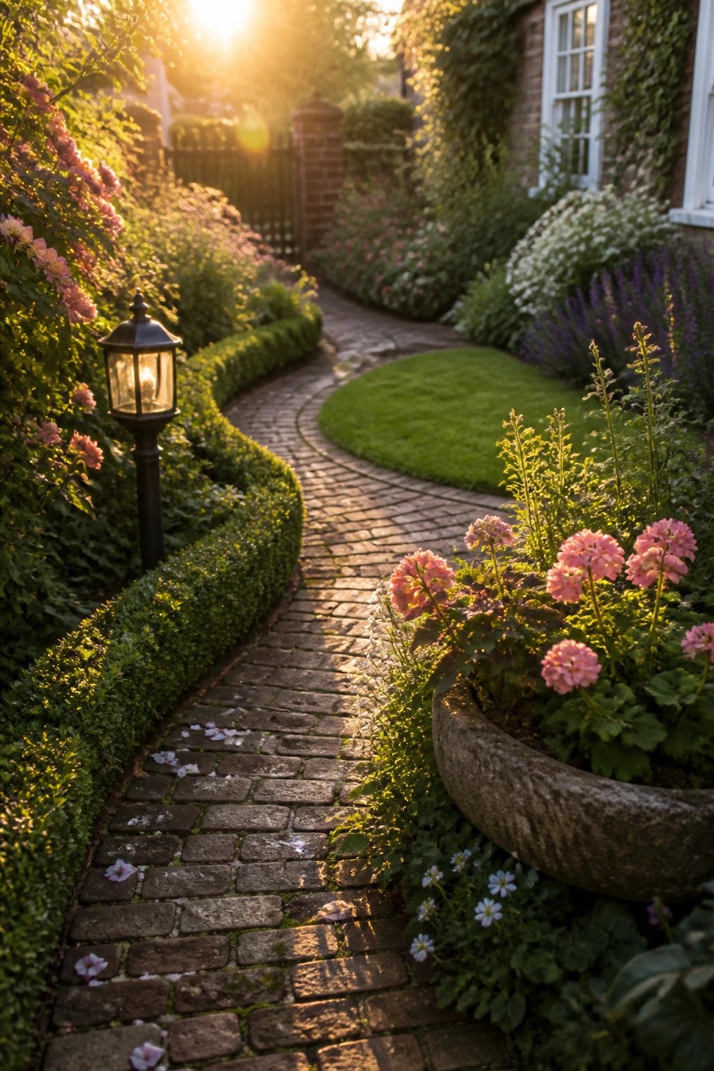 A curving brick path bordered by trimmed hedges and pink flowers runs through a small garden beside a brick house.