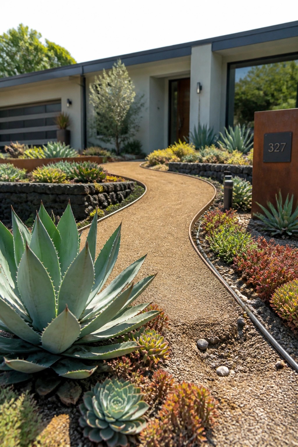 Modern house entrance with curving gravel path amid agave and succulent garden, sign 327