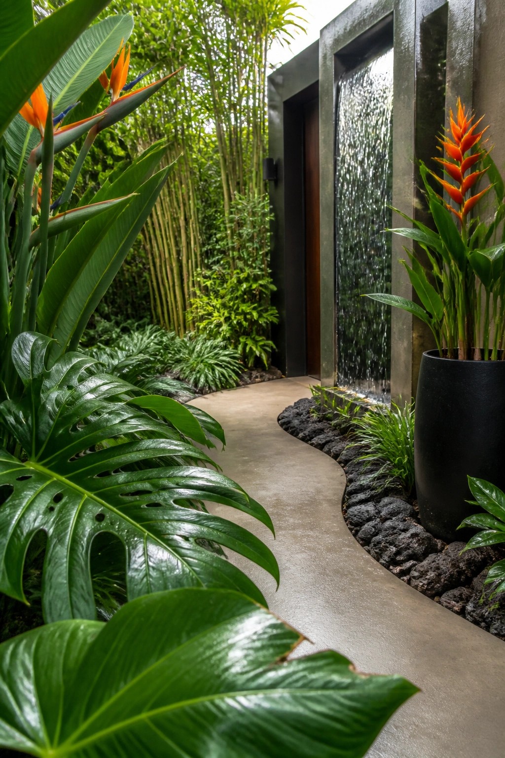A curving concrete path runs through a narrow tropical garden bordered by large green leaves and a tall water wall on the right.
