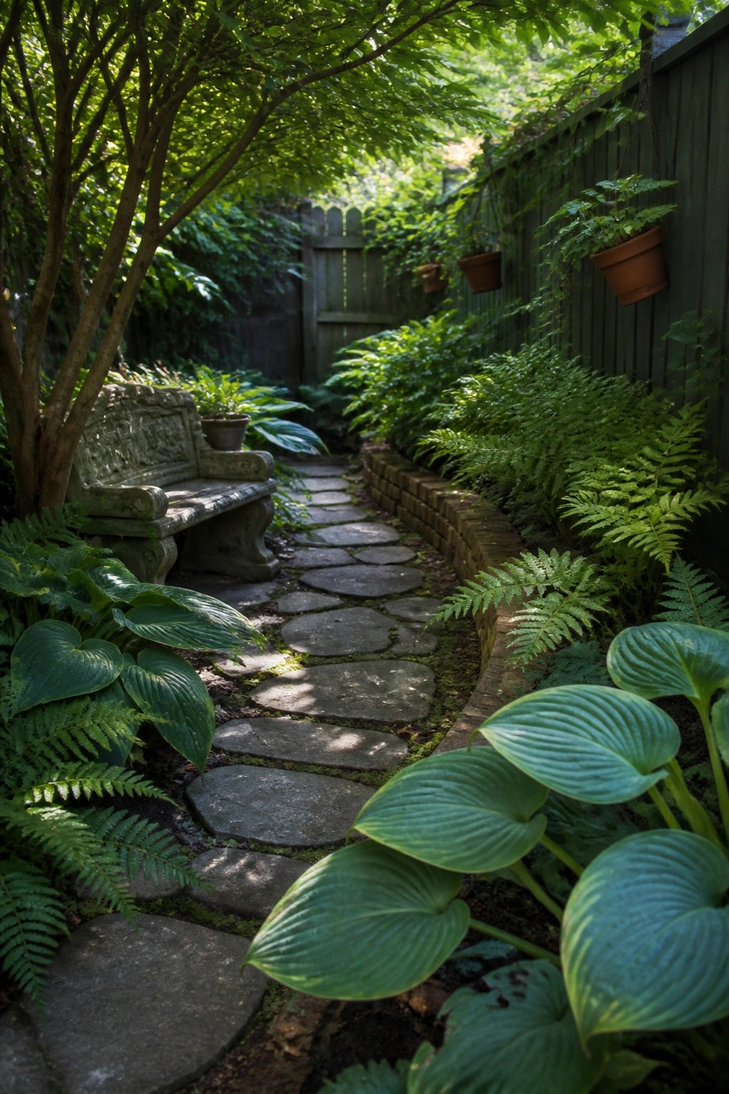 A narrow garden walkway of irregular flat stones curves between dense ferns and hostas, with a carved stone bench on the left and a wooden fence lined with hanging pots on the right.
