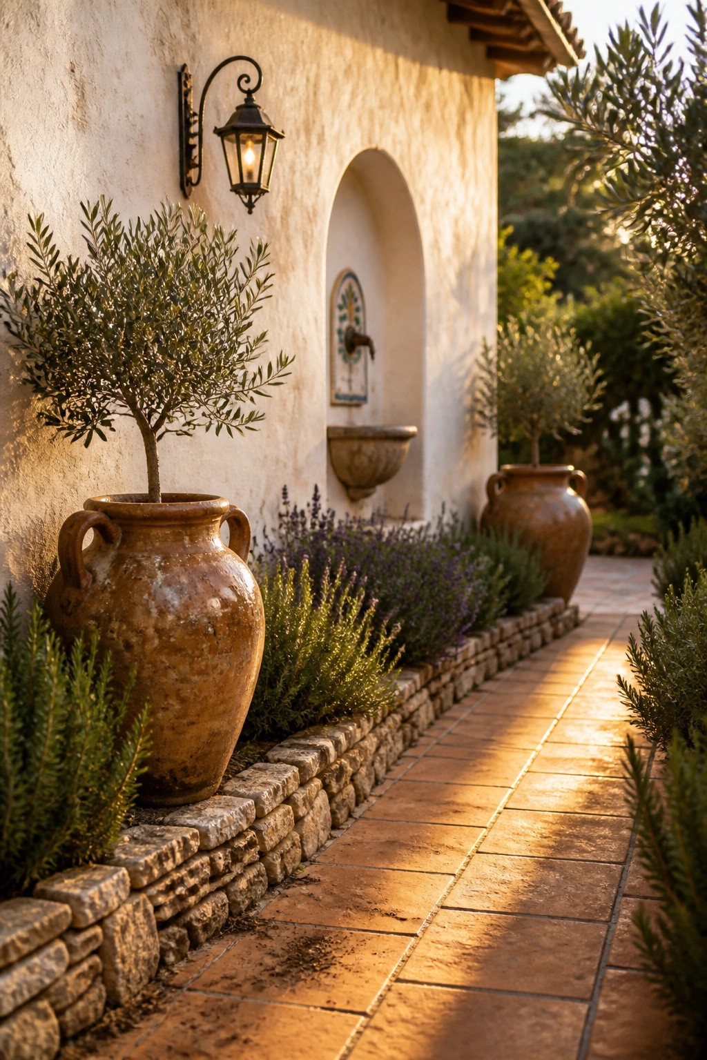 A narrow terracotta tile path bordered by low stacked stone edging, with large terracotta pots holding olive trees and beds of lavender beside a stucco wall.