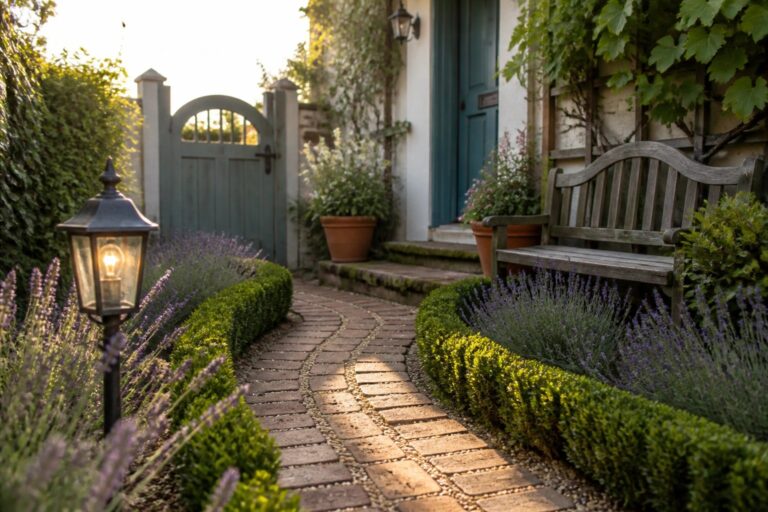 23 Charming Small Front Garden Ideas Using Borders, Paths, and Compact Curb Appeal A brick pathway bordered by lavender and other plants leads past potted greenery to a white gate and teal door on a house exterior.