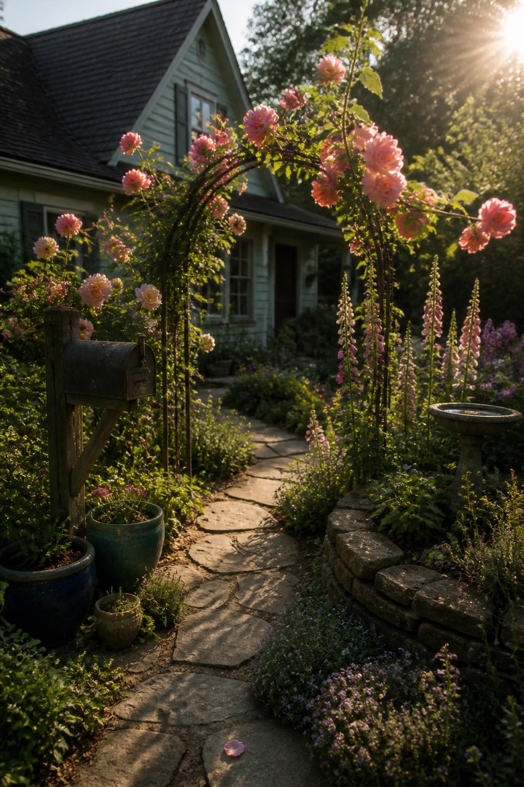 A stone path curves through a front garden under an arch covered in pink roses, with a house visible in the background and potted plants near an old mailbox.