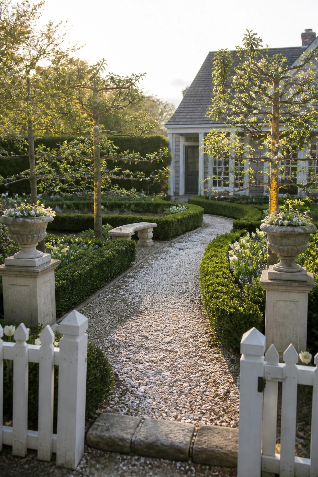 Gravel path through formal garden with white fence, hedges, and stone urns to house