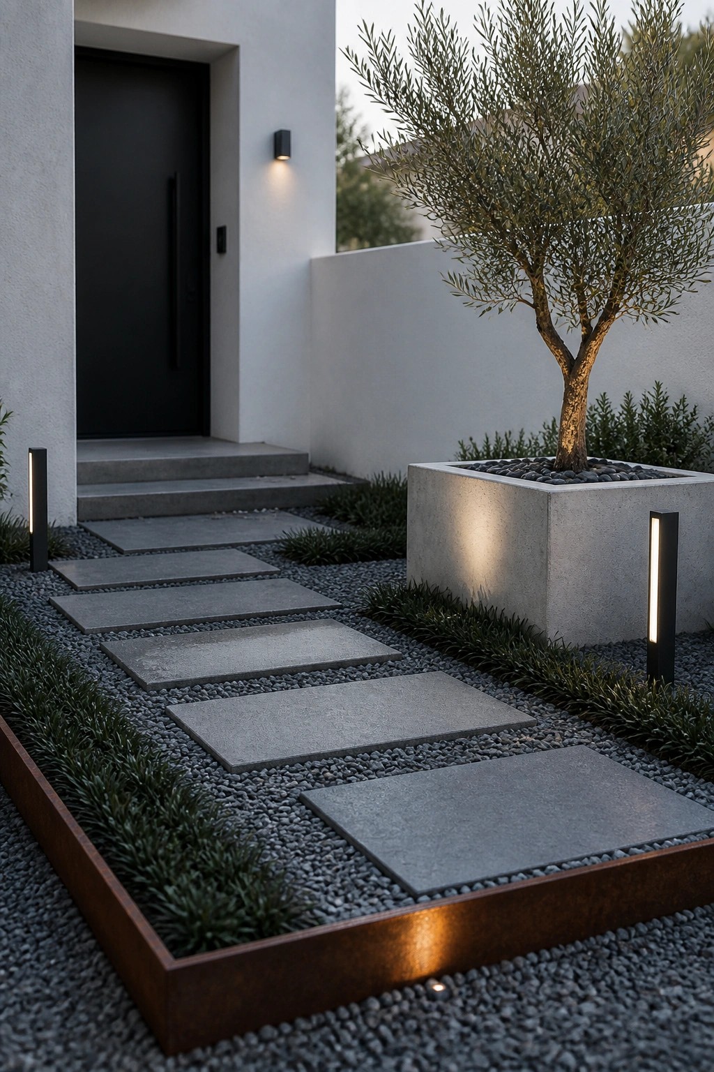 Modern minimalist entryway with stone pathway, concrete planter, and glowing lights.