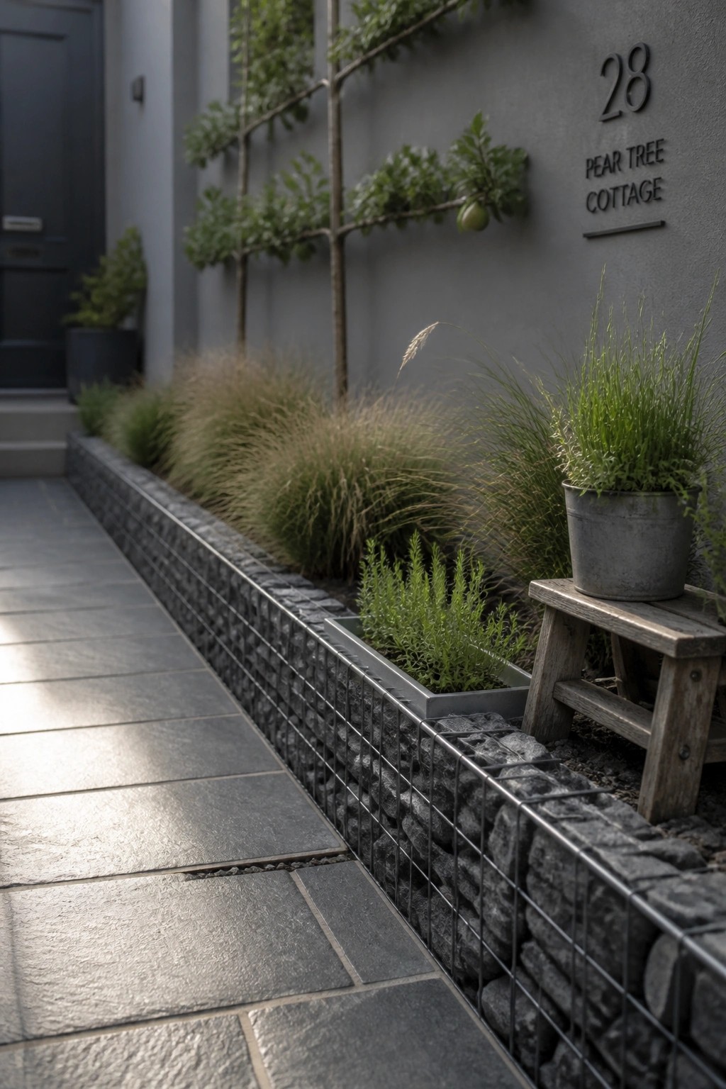 Paved stone path beside gabion wall with grasses and Pear Tree Cottage sign