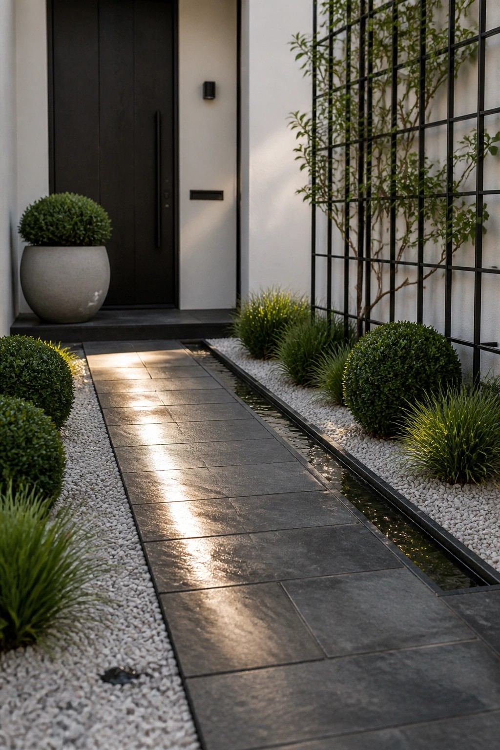 A dark stone path leads to a black front door with a narrow water channel running parallel through white gravel beds bordered by rounded shrubs and ornamental grasses.