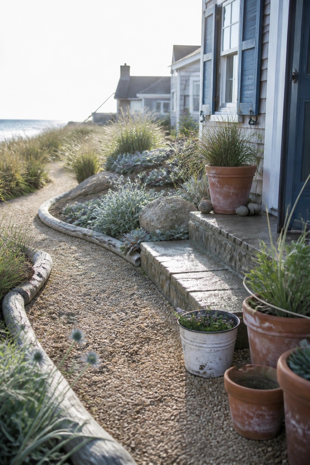 A gravel path curves through a small front garden bordered by weathered logs, with stone steps leading to a house entrance lined with terracotta and metal pots.