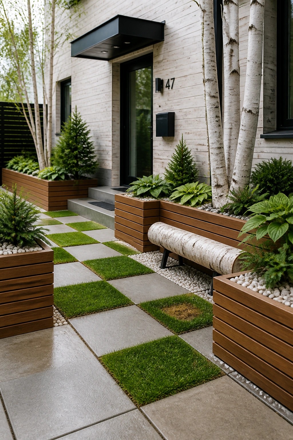Front garden with a checkered path of gray stone tiles and green grass squares, bordered by wooden planters, birch trees, and a modern house entrance.