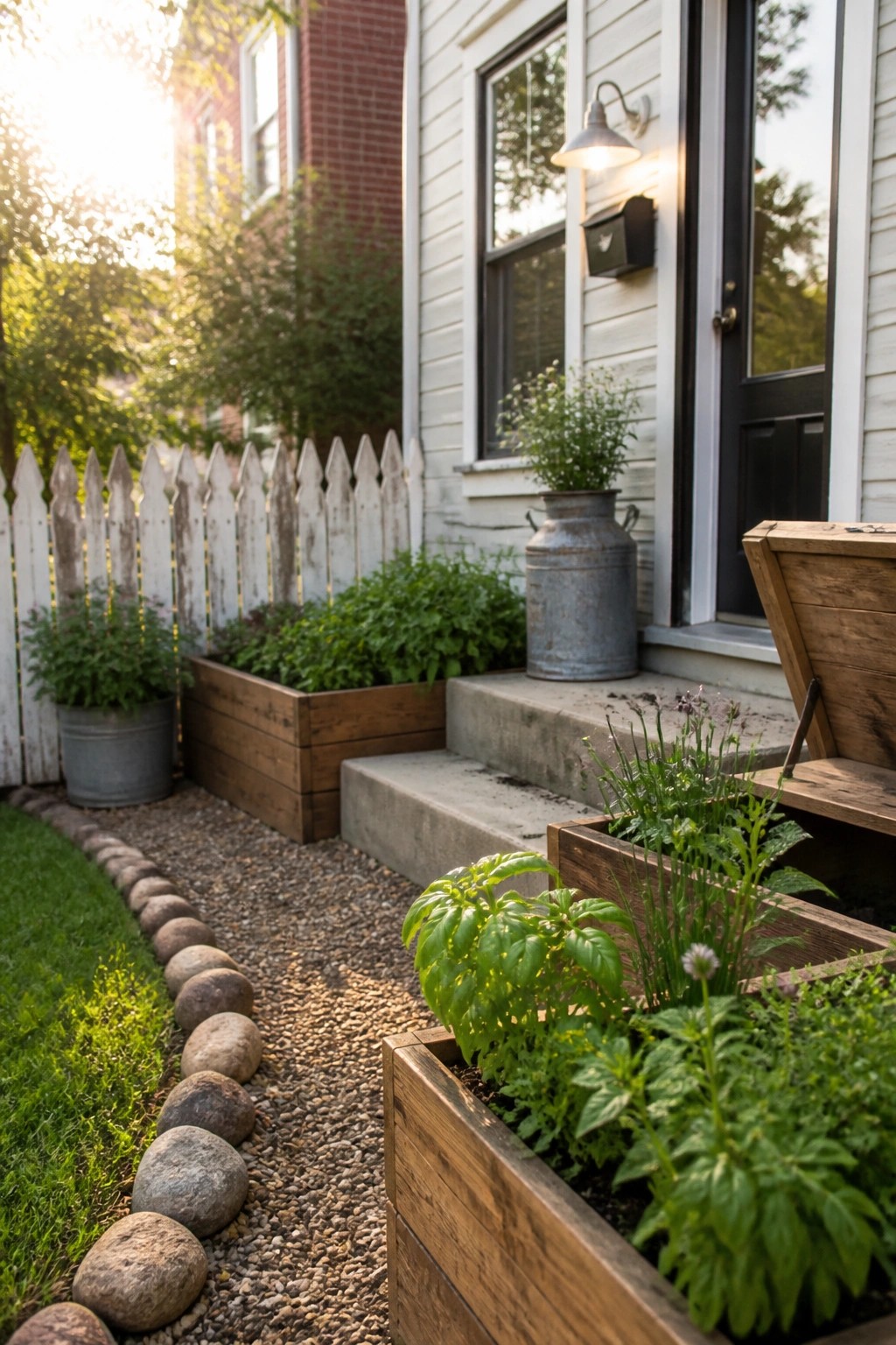 Wooden raised garden beds with various green plants line a gravel path bordered by rocks, leading to concrete steps at a house entrance with white siding.