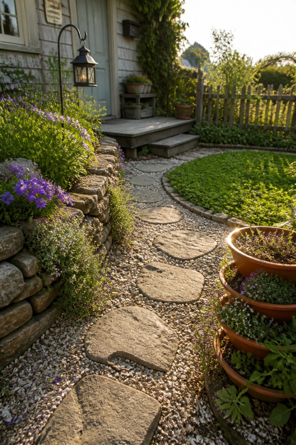 A curved garden path of large flat stepping stones set in gravel leads toward a wooden house porch, bordered by a low stone wall with purple flowers and a stack of terracotta pots on the right.