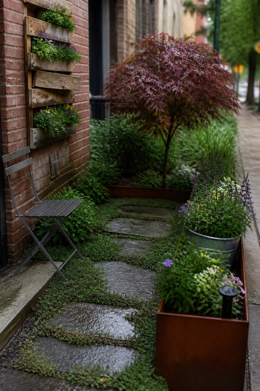 A narrow path of irregular stepping stones set in low green ground cover runs beside a brick building, with metal planters and a vertical wooden planter holding flowers along the edges.