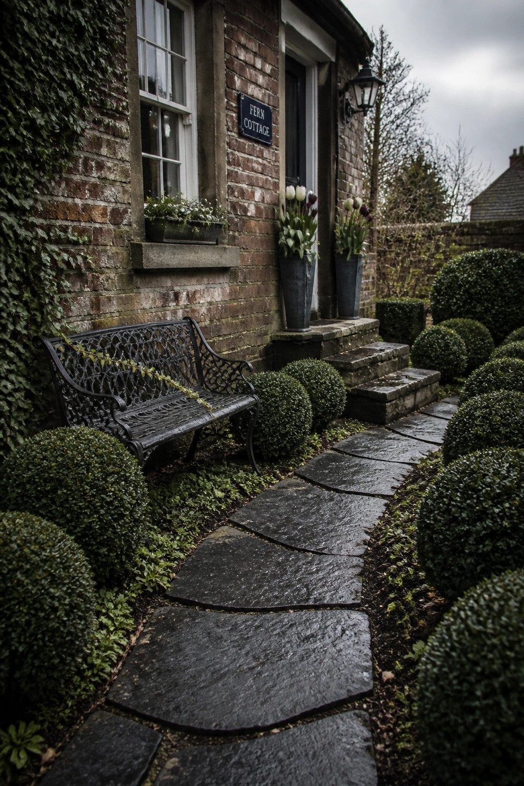 Stone pathway to Fern Cottage door with ornate bench and potted tulips