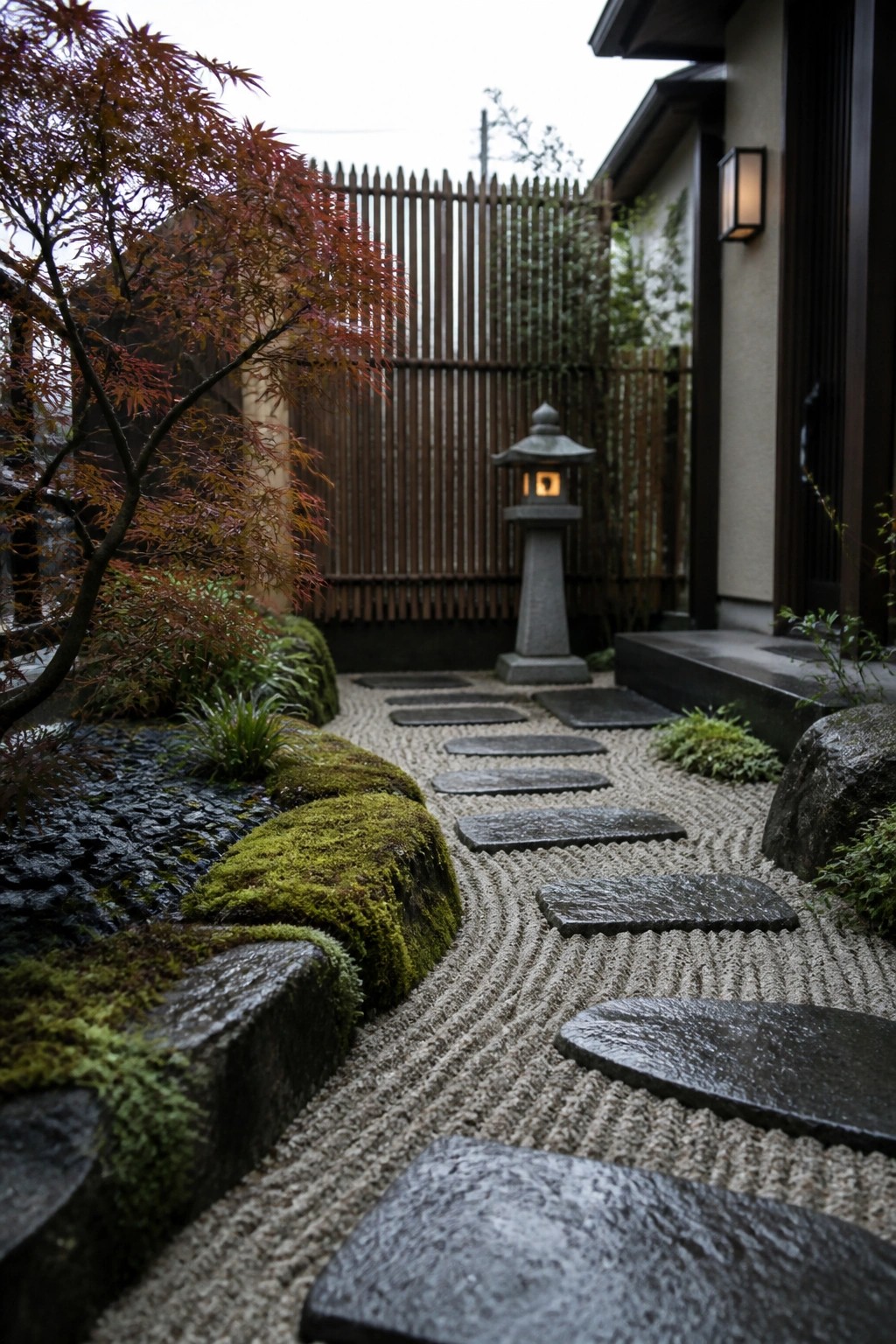 A narrow garden path of dark stepping stones set in raked gravel curves past mossy rock borders toward a house entrance with a stone lantern visible in the background.