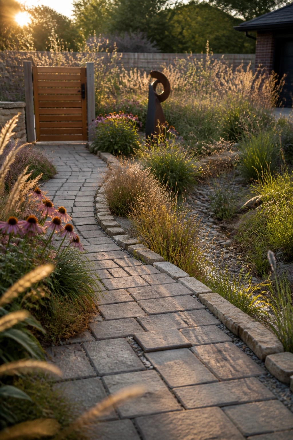 Curved stone path winds through garden with pink flowers, grasses, gate, and sculpture at sunset.