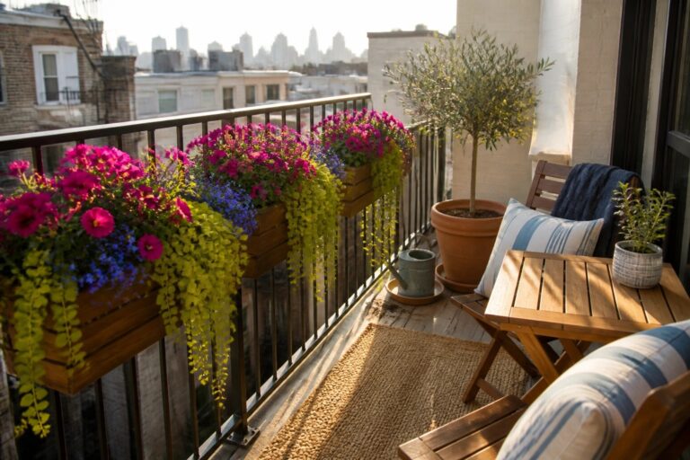 Balcony with vibrant flower boxes, wooden table, chair, potted plant, and city view.