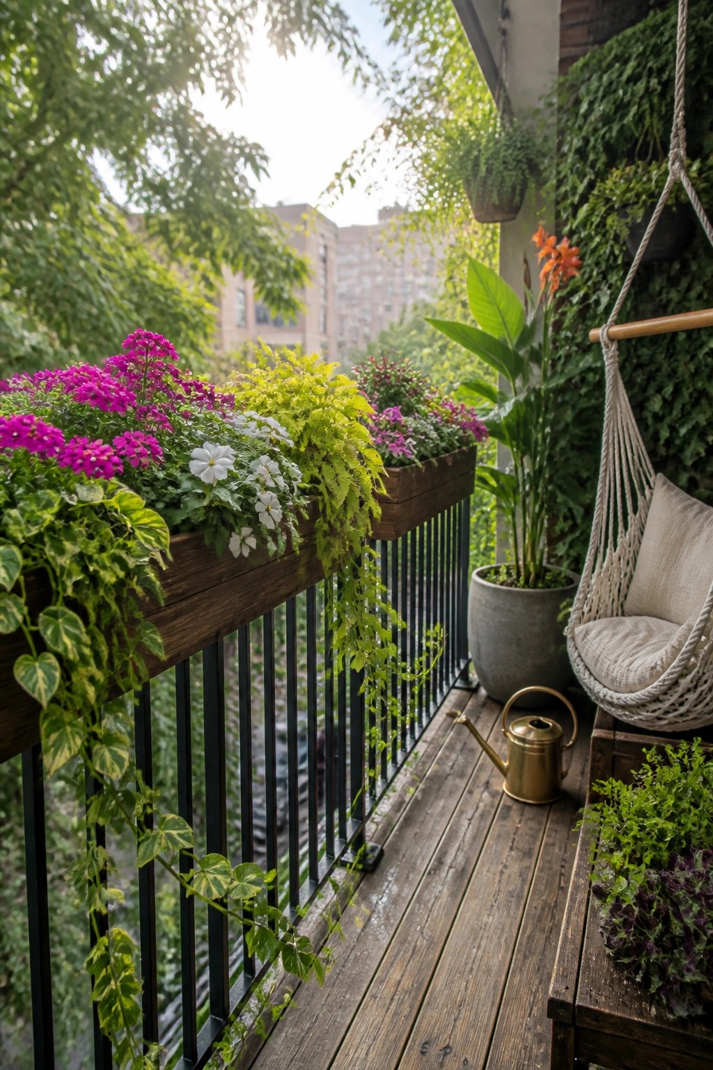 A wooden balcony railing lined with planters holding bright pink, white, and green flowers next to a hanging chair and potted plants.