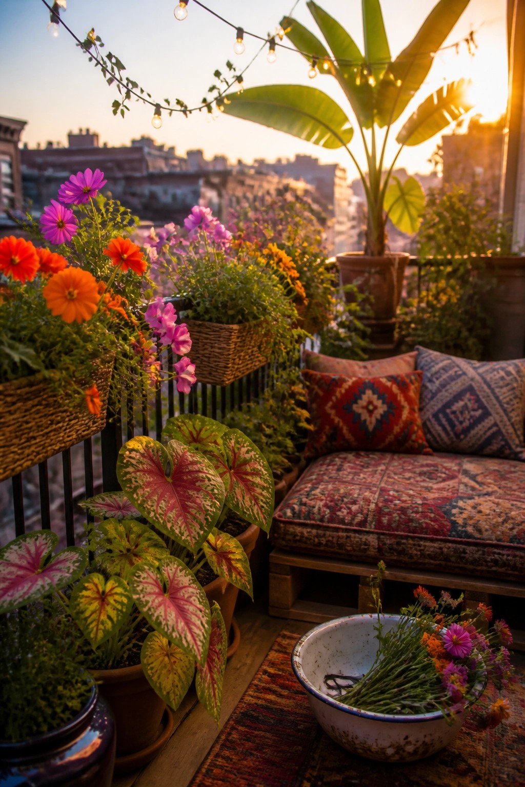 A balcony with colorful flowers in railing-mounted baskets and pots, a cushioned bench with pillows, potted plants on the floor, and string lights overhead at sunset.